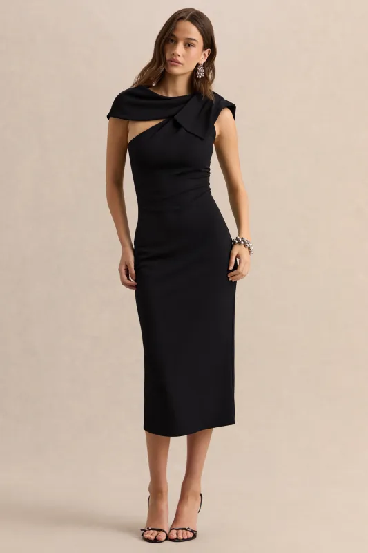 Clarina | Black Asymmetric-Neck Midi Dress With Bow-Detail made by Club L London