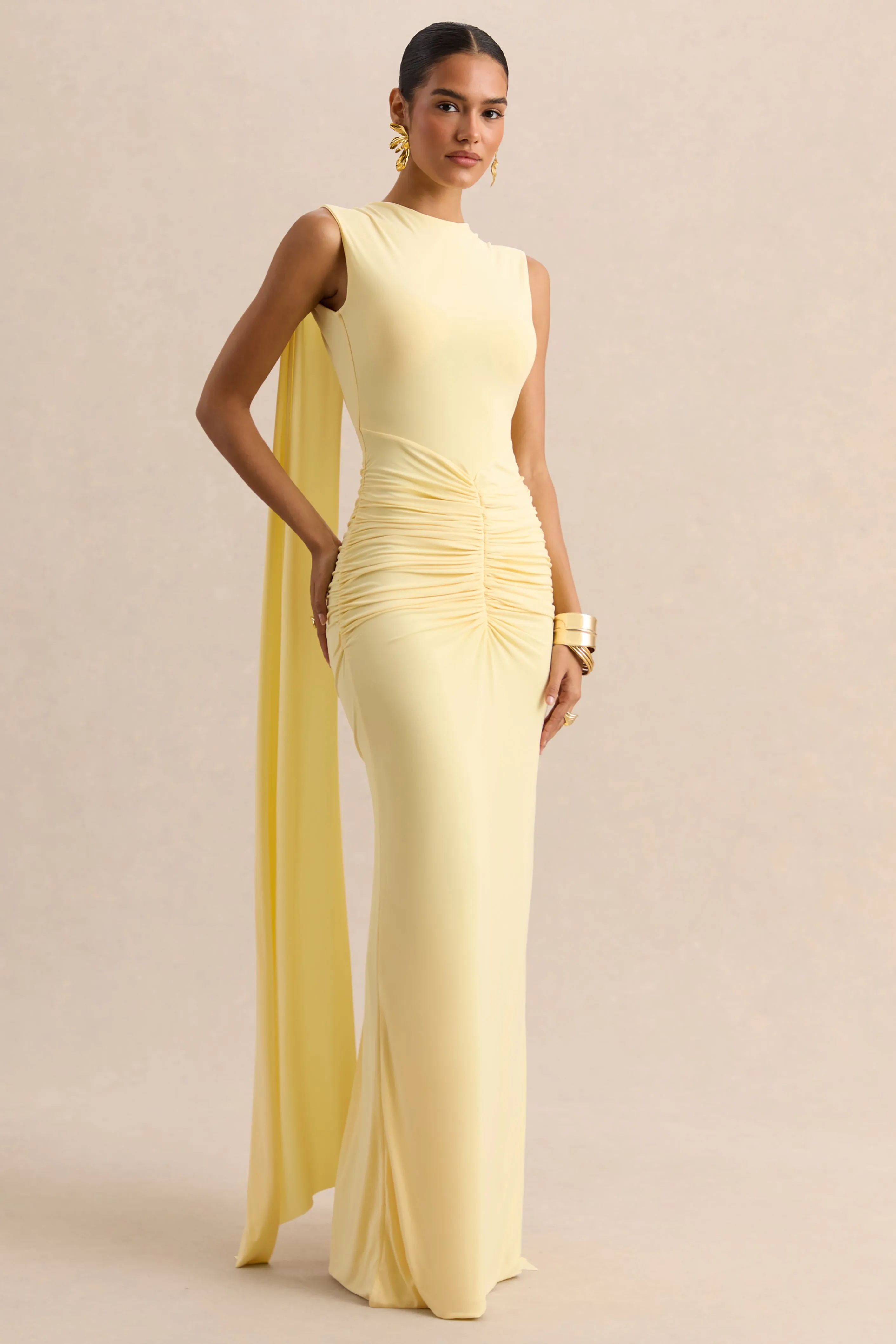 Premiere | Lemon Boat-Neck Maxi Dress With Cape-Sleeves And Open-Back sold by Club L London product image thumbnail 5