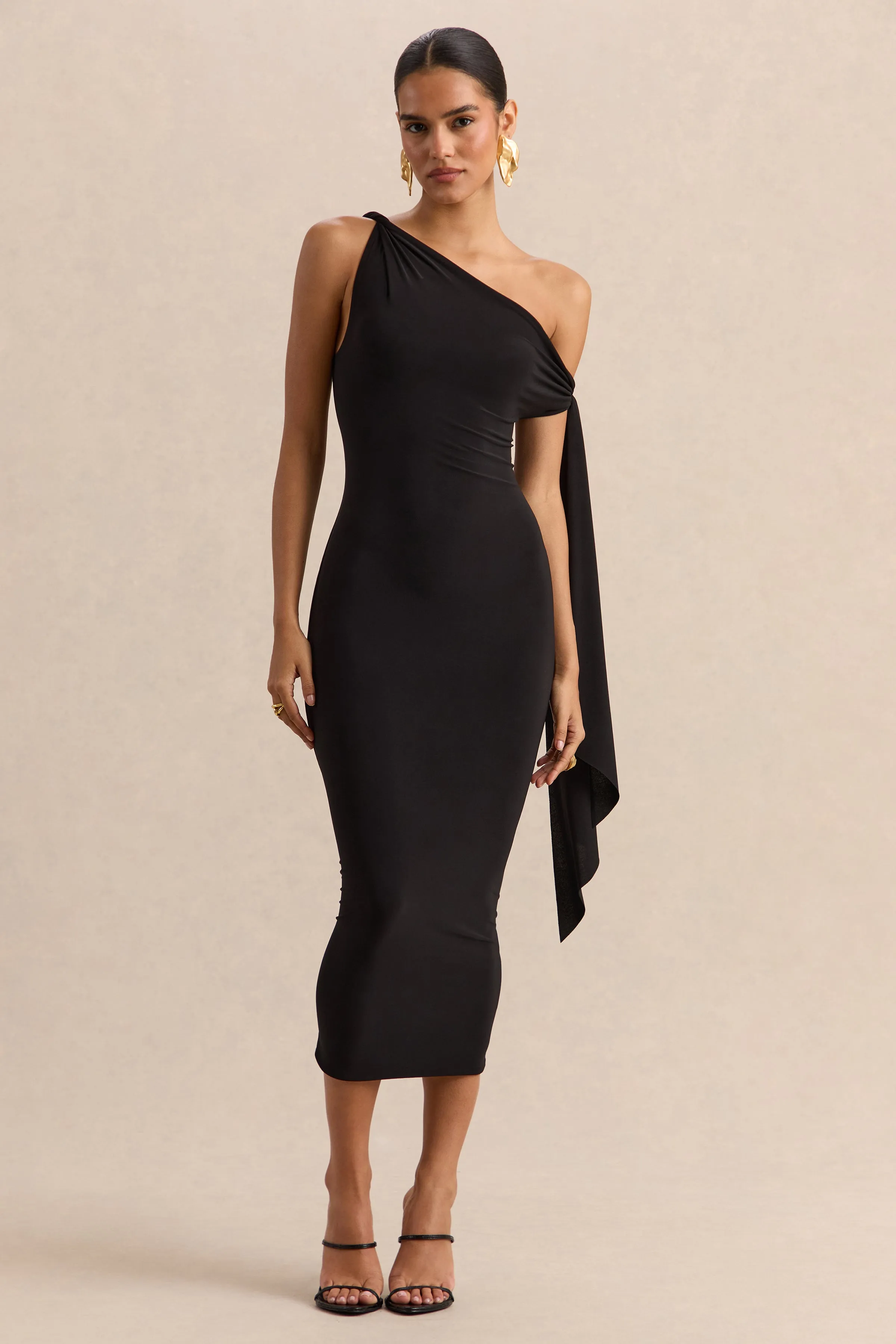 Arcelia | Black Asymmetric-Neck Midi Dress With Knot-Sleeve Detail sold by Club L London product image thumbnail 5