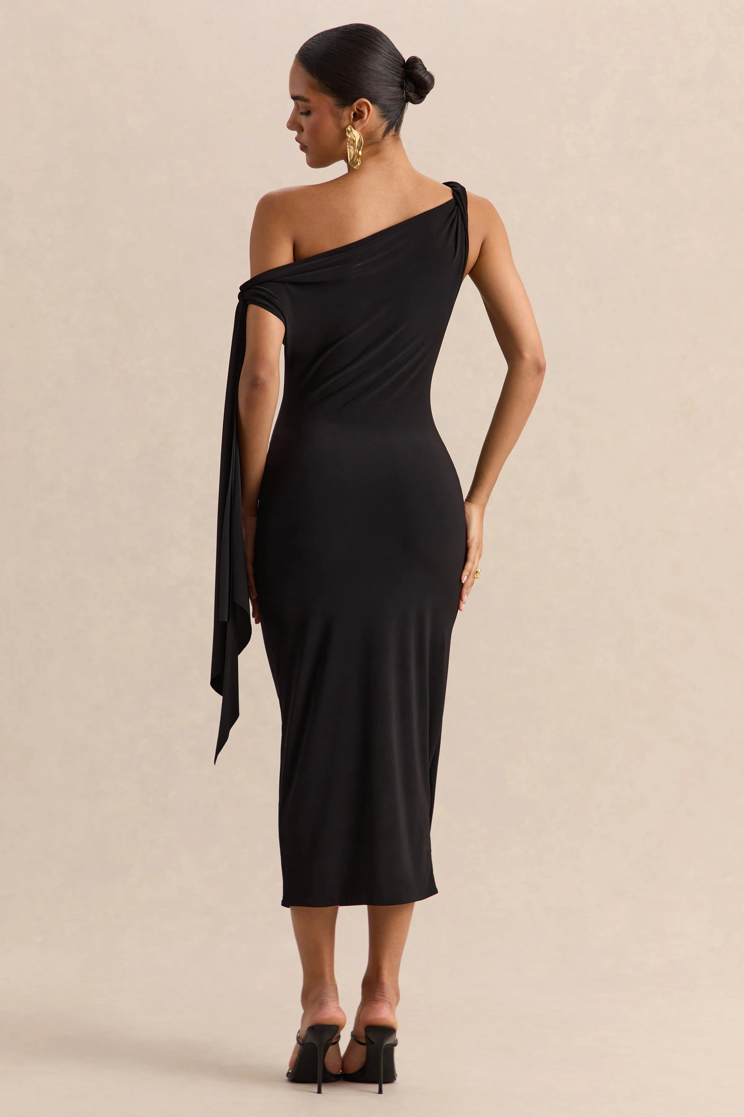 Arcelia | Black Asymmetric-Neck Midi Dress With Knot-Sleeve Detail sold by Club L London product image thumbnail 2