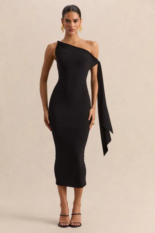 Arcelia | Black Asymmetric-Neck Midi Dress With Knot-Sleeve Detail sold by Club L London