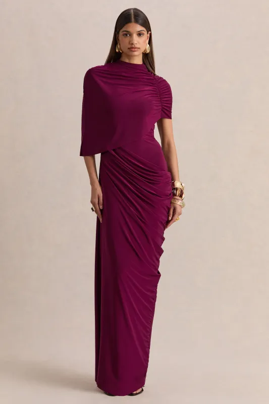 Lunaline | Burgundy High-Neck Maxi Dress With Asymmetric Cape And Draped-Detailing made by Club L London