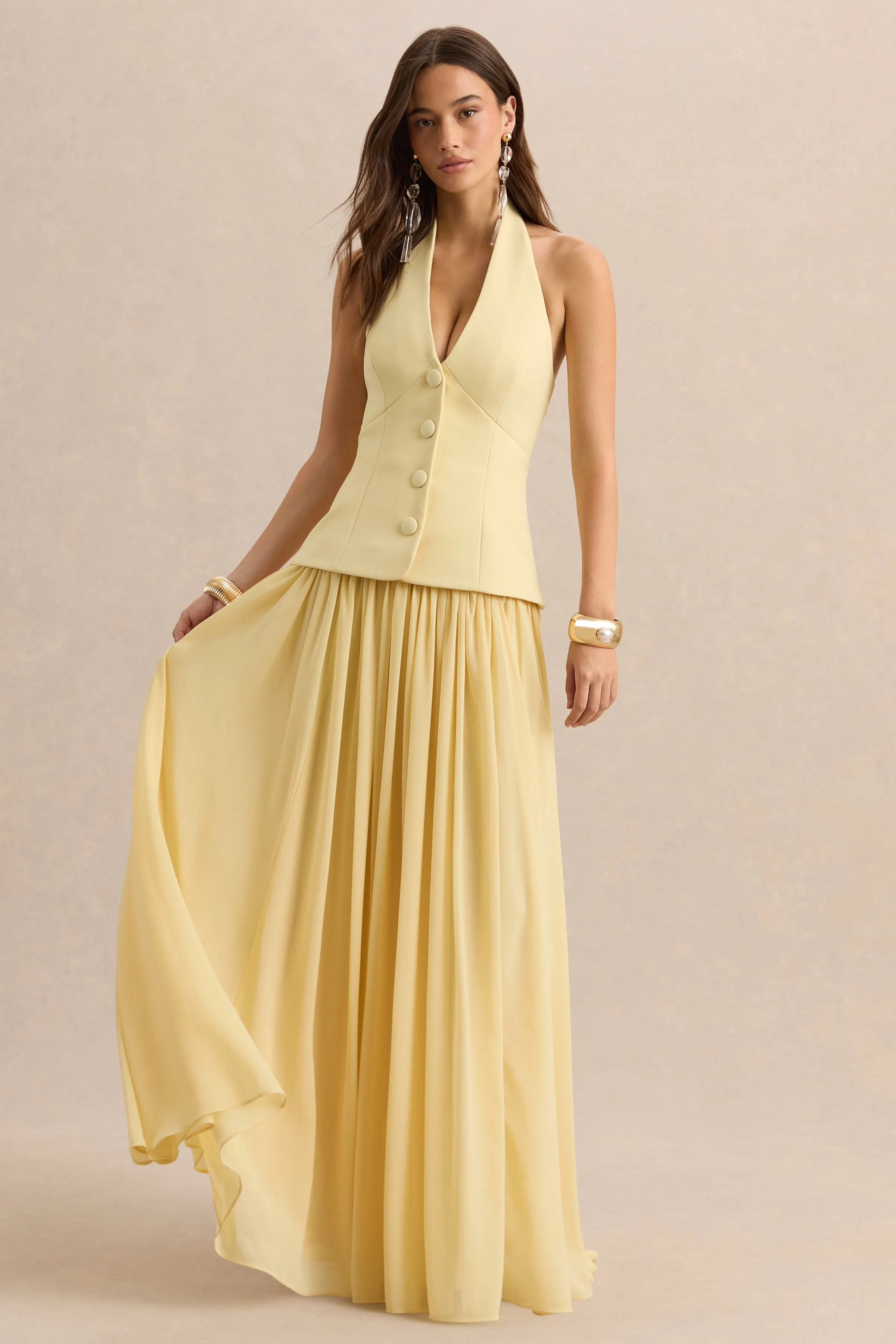 Zarina | Lemon Plunge-Neck Maxi Dress sold by Club L London