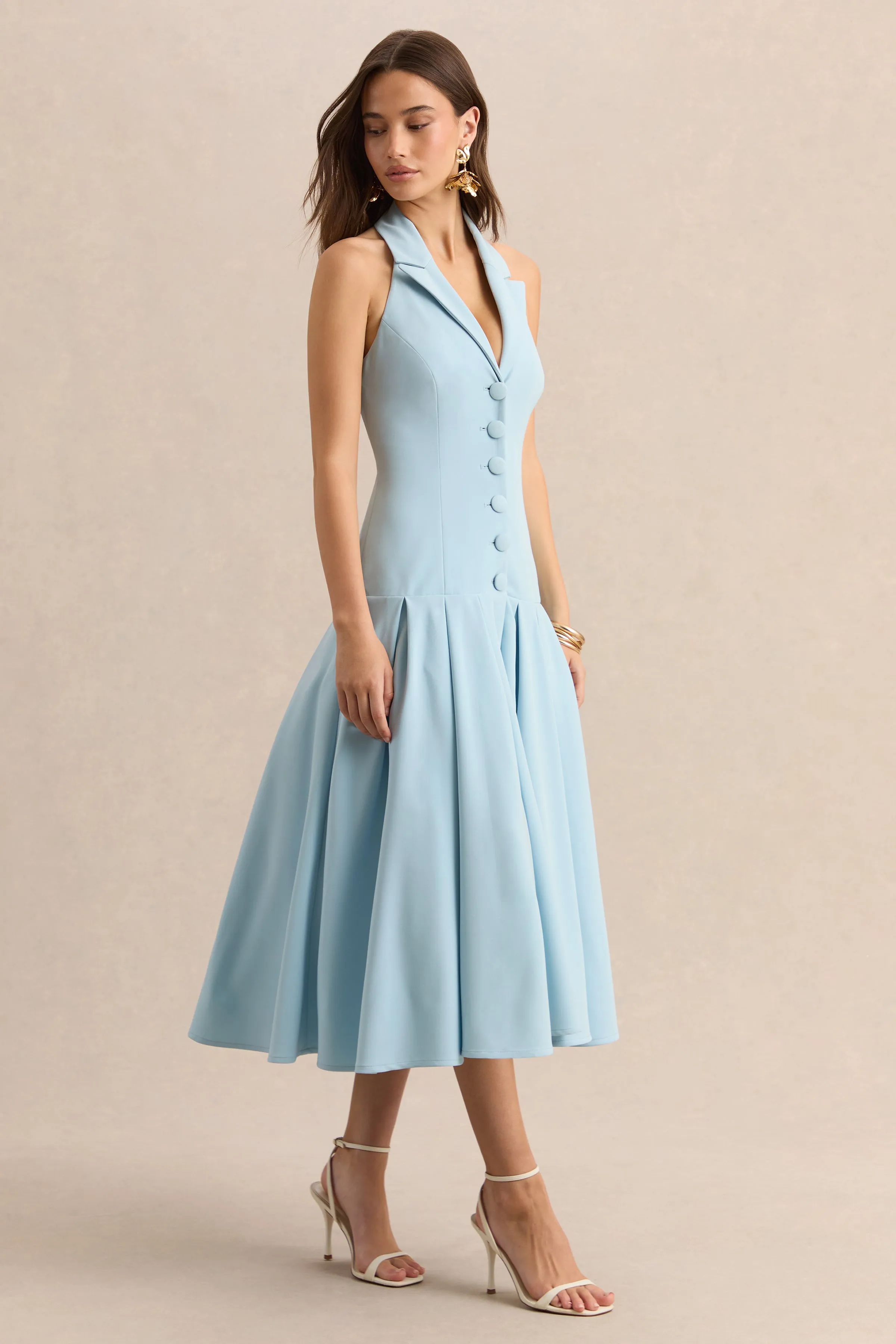 Elise | Powder Blue Plunge-Neck Midi Dress With Drop-Waist sold by Club L London product image thumbnail 4