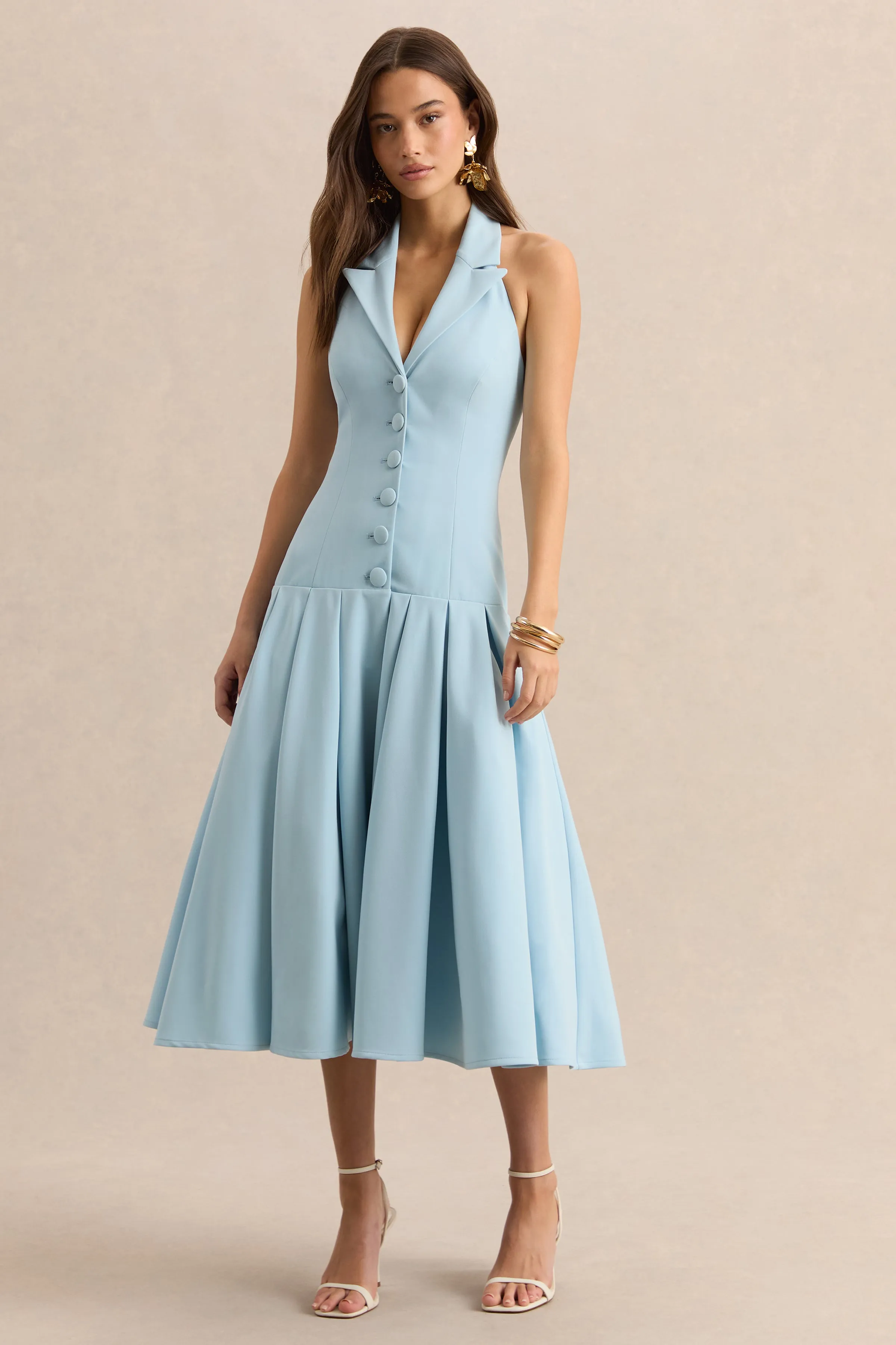 Elise | Powder Blue Plunge-Neck Midi Dress With Drop-Waist sold by Club L London