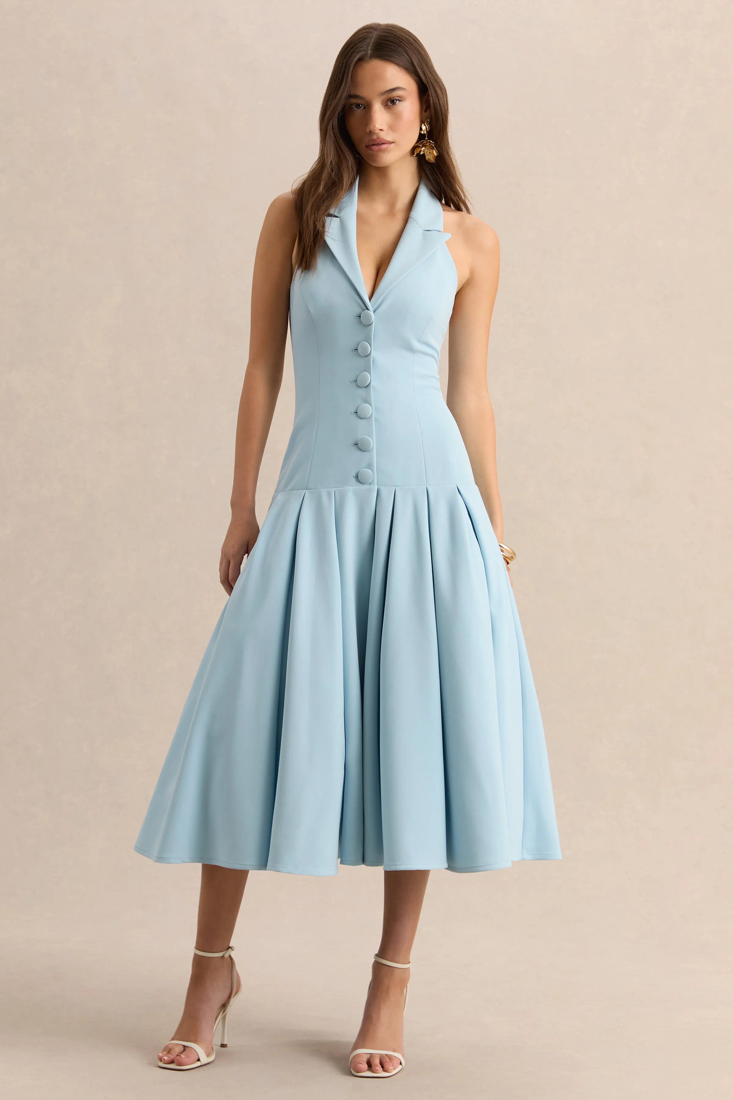 Elise | Powder Blue Plunge-Neck Midi Dress With Drop-Waist sold by Club L London product image thumbnail 5