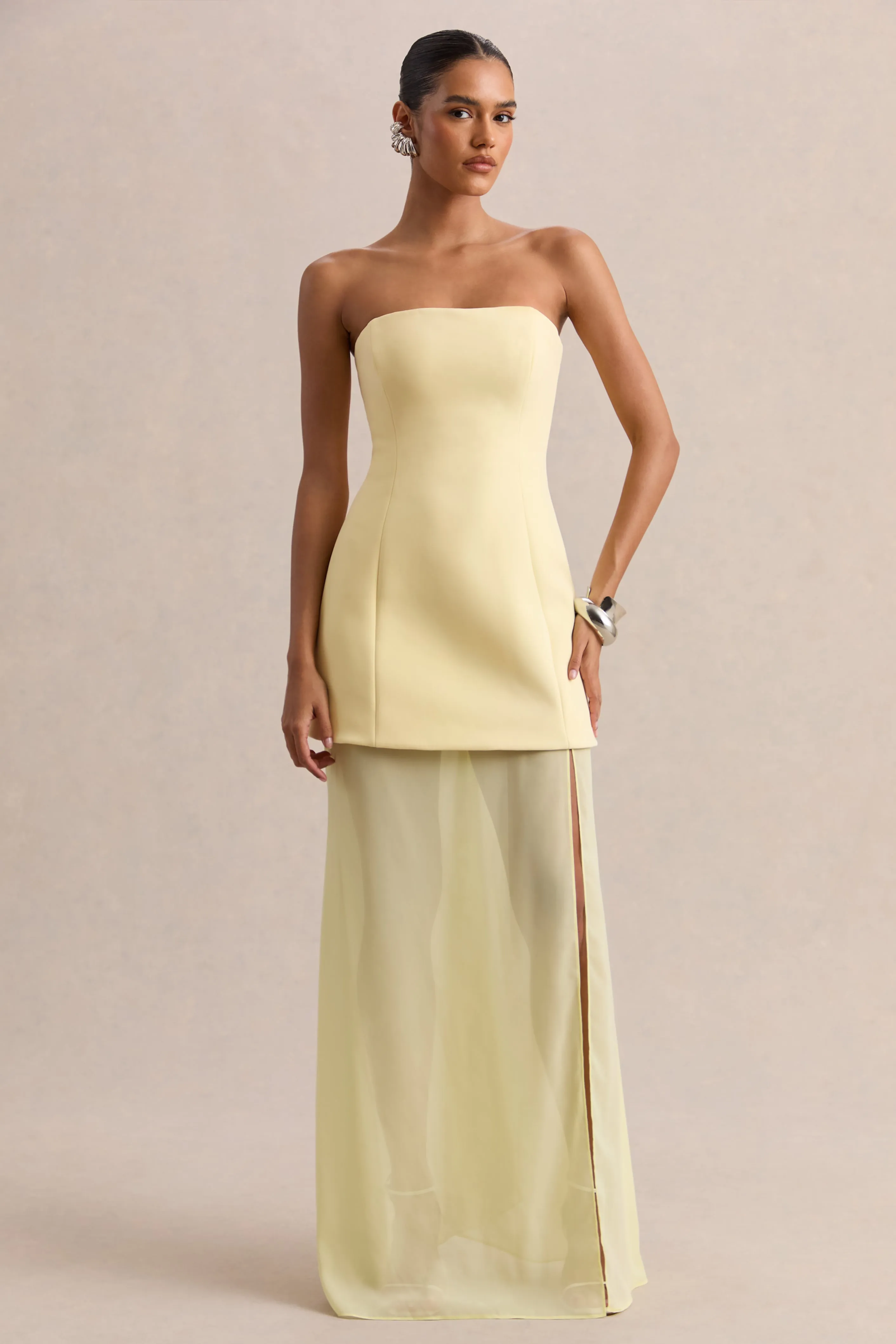 Chessa | Lemon Boat-Neck Maxi Dress With Sheer Cape sold by Club L London product image thumbnail 2