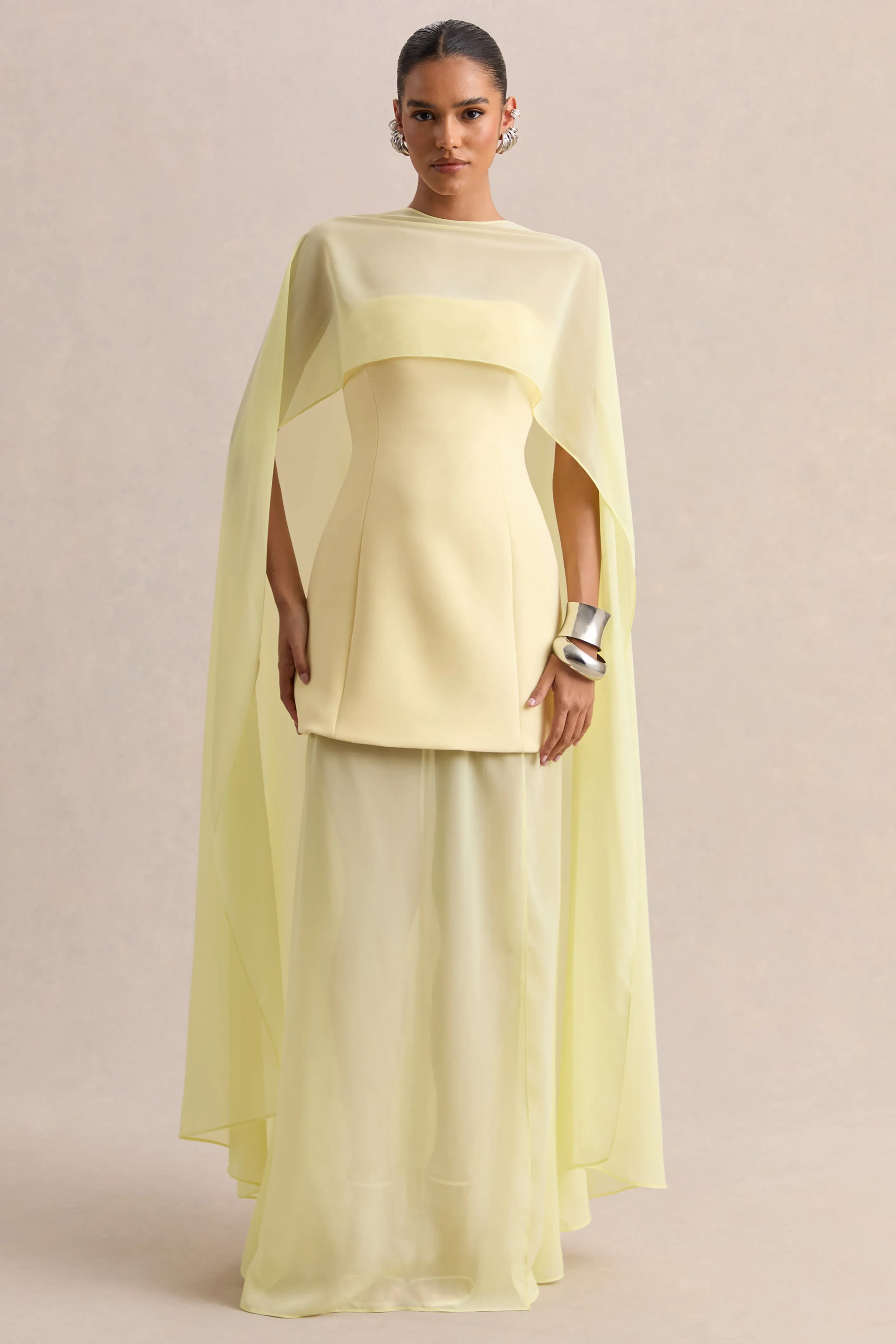 Chessa | Lemon Boat-Neck Maxi Dress With Sheer Cape sold by Club L London product image thumbnail 4
