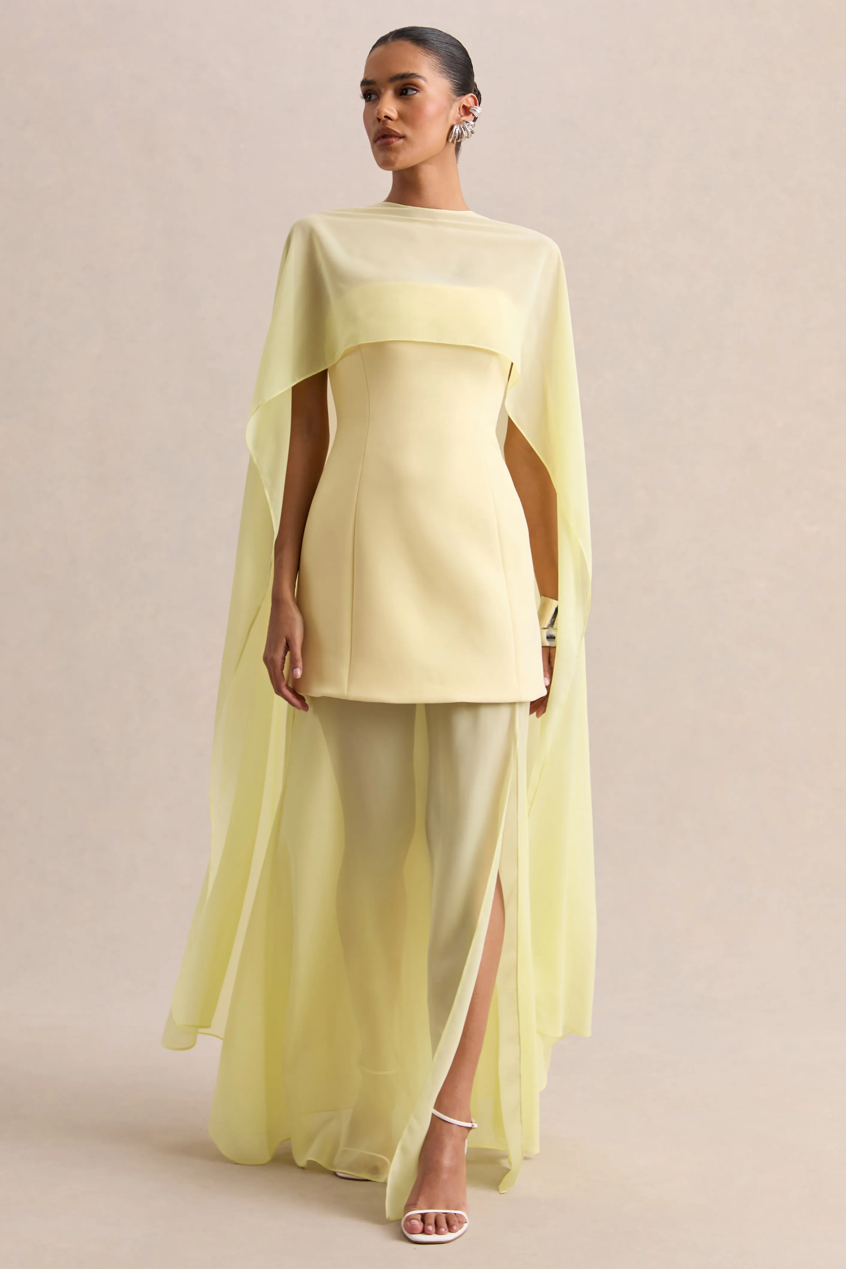 Chessa | Lemon Boat-Neck Maxi Dress With Sheer Cape sold by Club L London