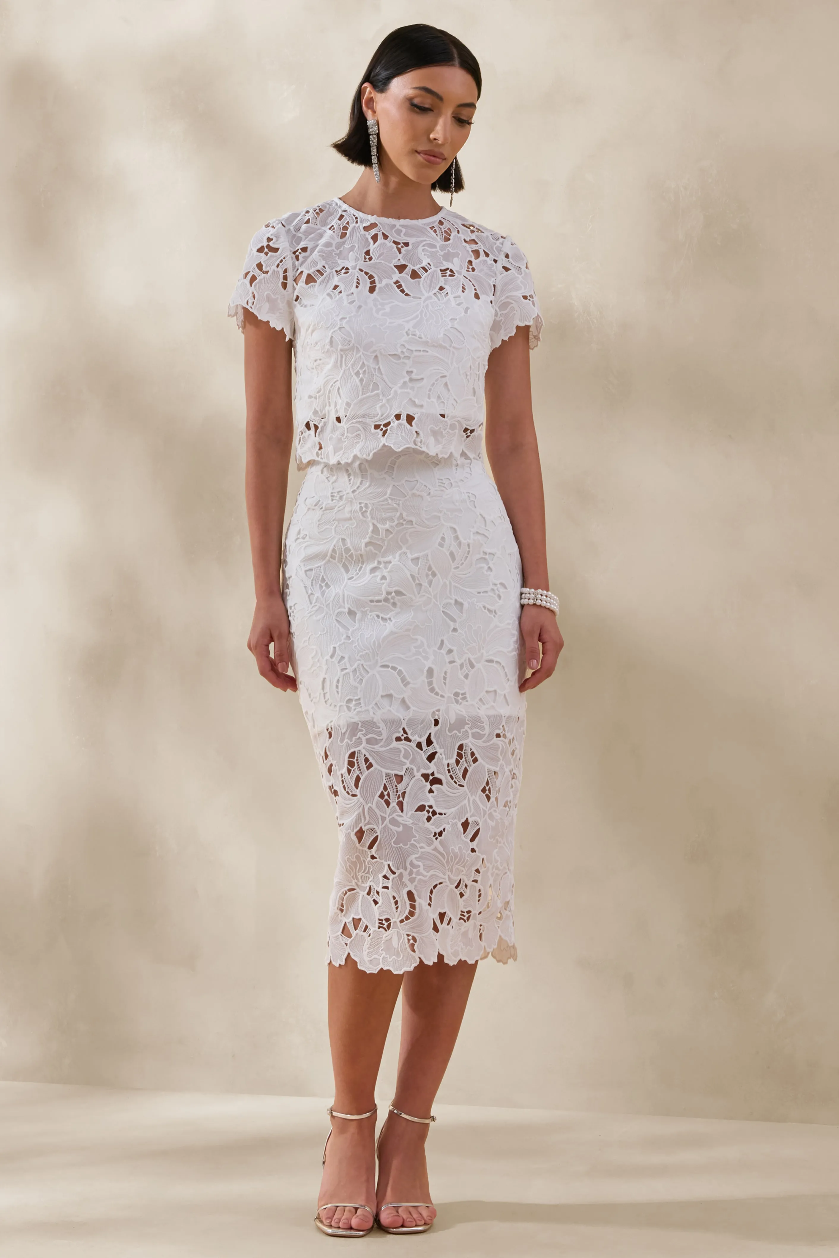 Ina | White Lace Crew-Neck Crop-Top sold by Club L London