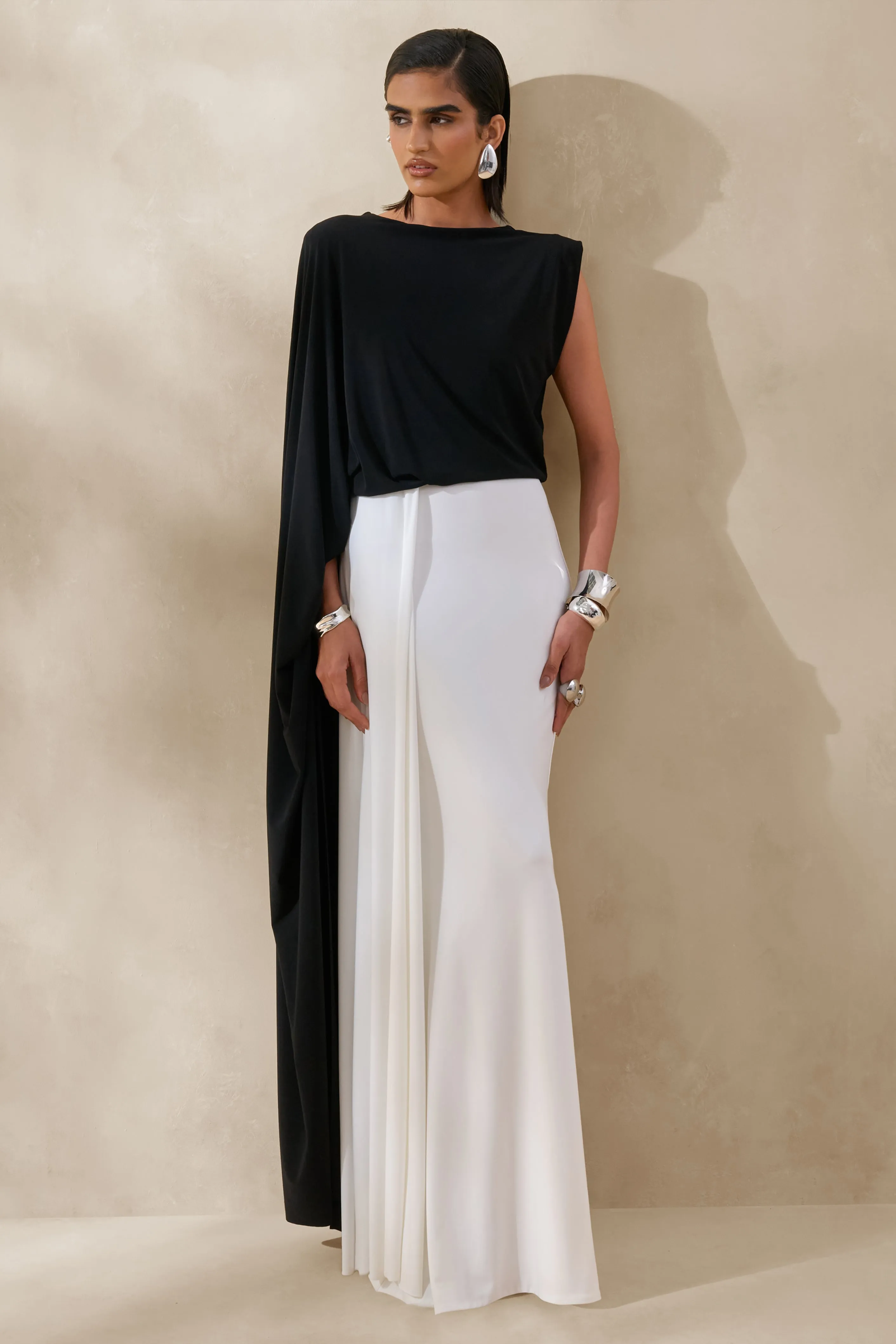 Carenza | Black & White Wide-Neck Maxi Dress With Cape-Sleeve sold by Club L London product image thumbnail 4