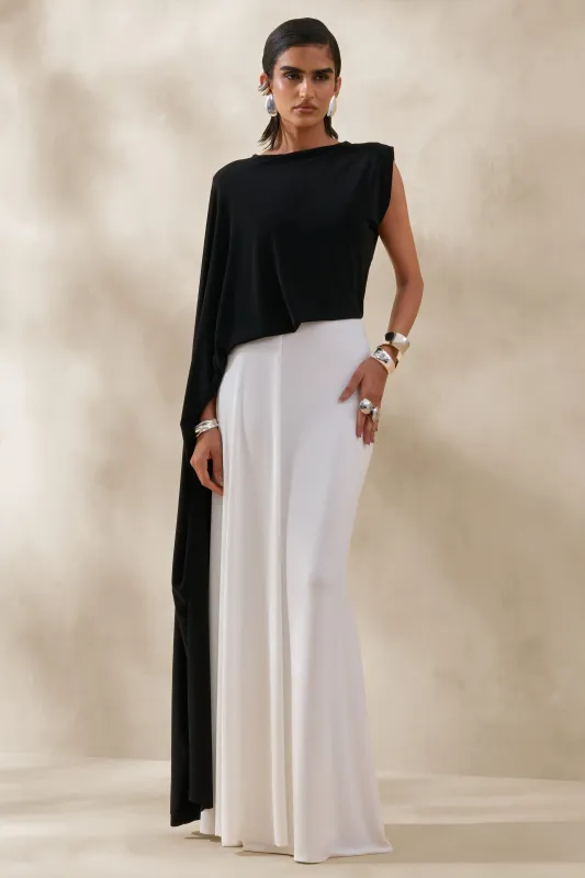 Carenza | Black & White Wide-Neck Maxi Dress With Cape-Sleeve made by Club L London