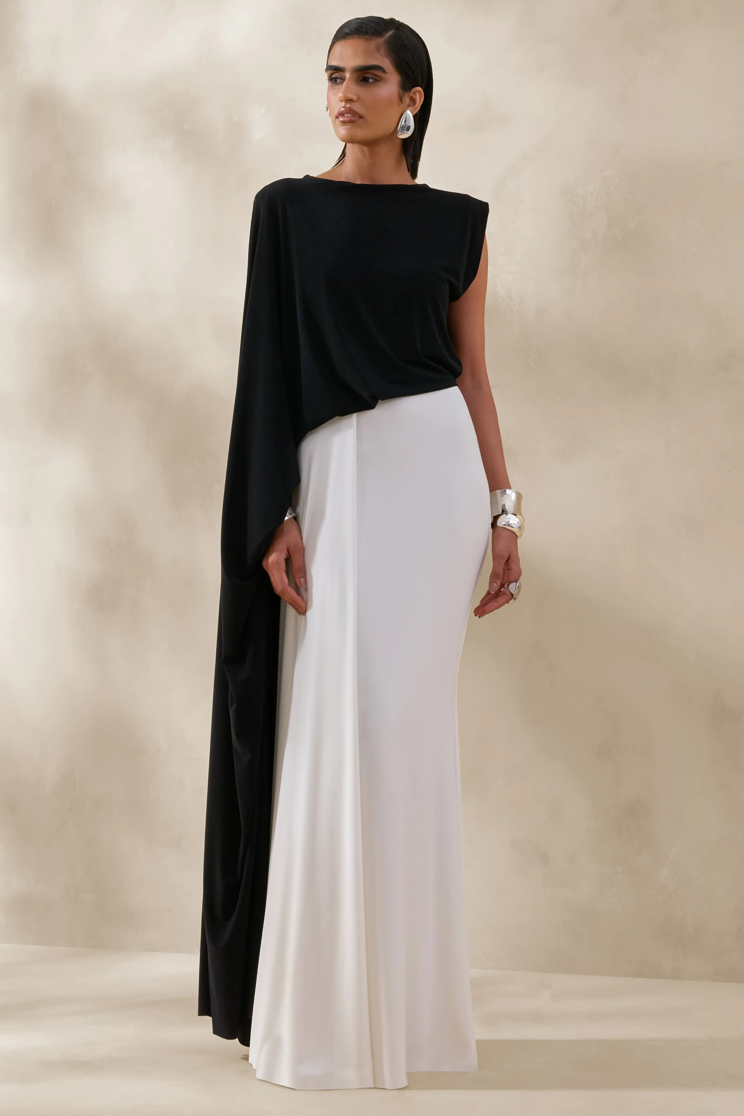 Carenza | Black & White Wide-Neck Maxi Dress With Cape-Sleeve sold by Club L London product image thumbnail 5