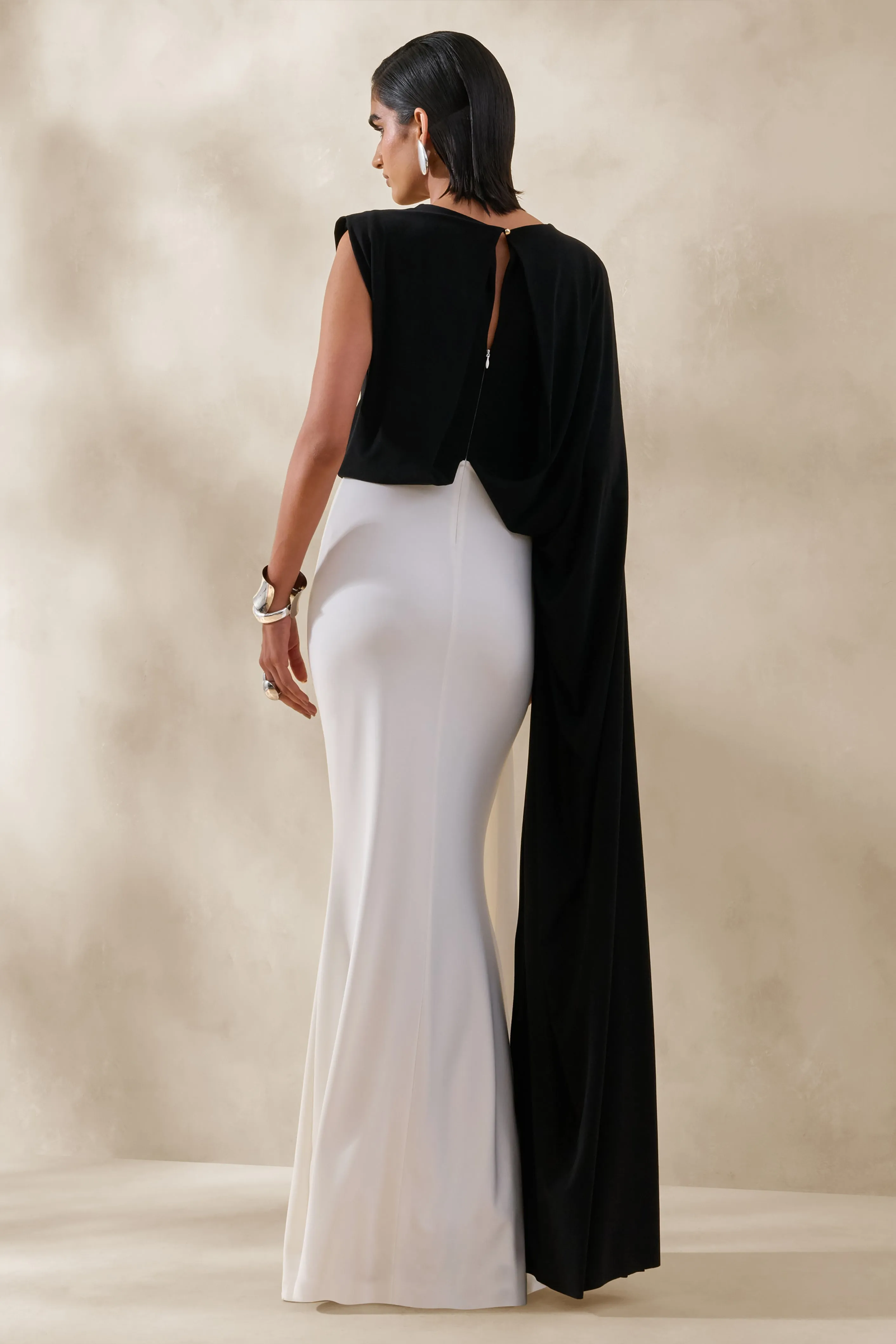 Carenza | Black & White Wide-Neck Maxi Dress With Cape-Sleeve sold by Club L London product image thumbnail 2