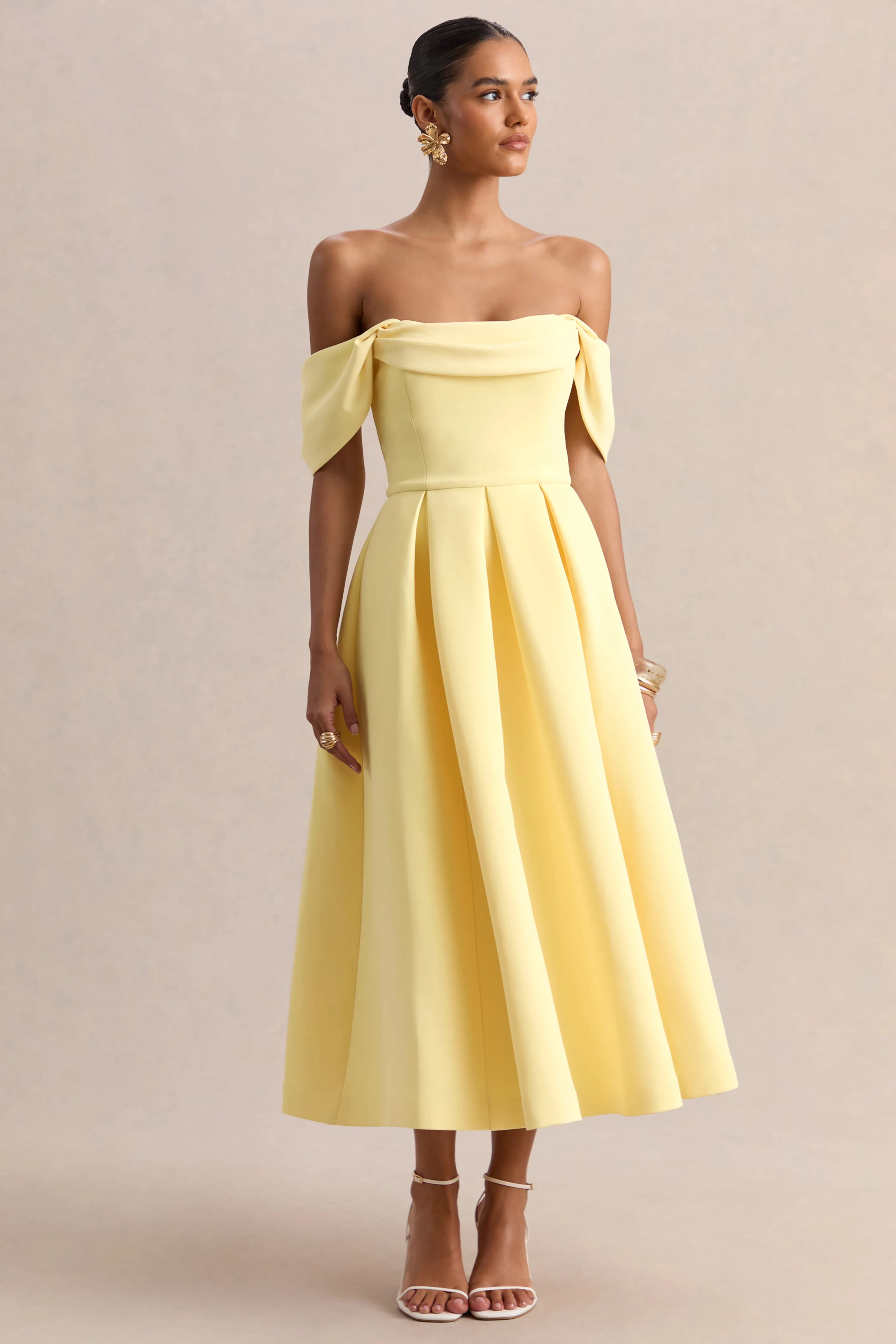 Cosima | Lemon Bardot-Neck Midi Dress sold by Club L London