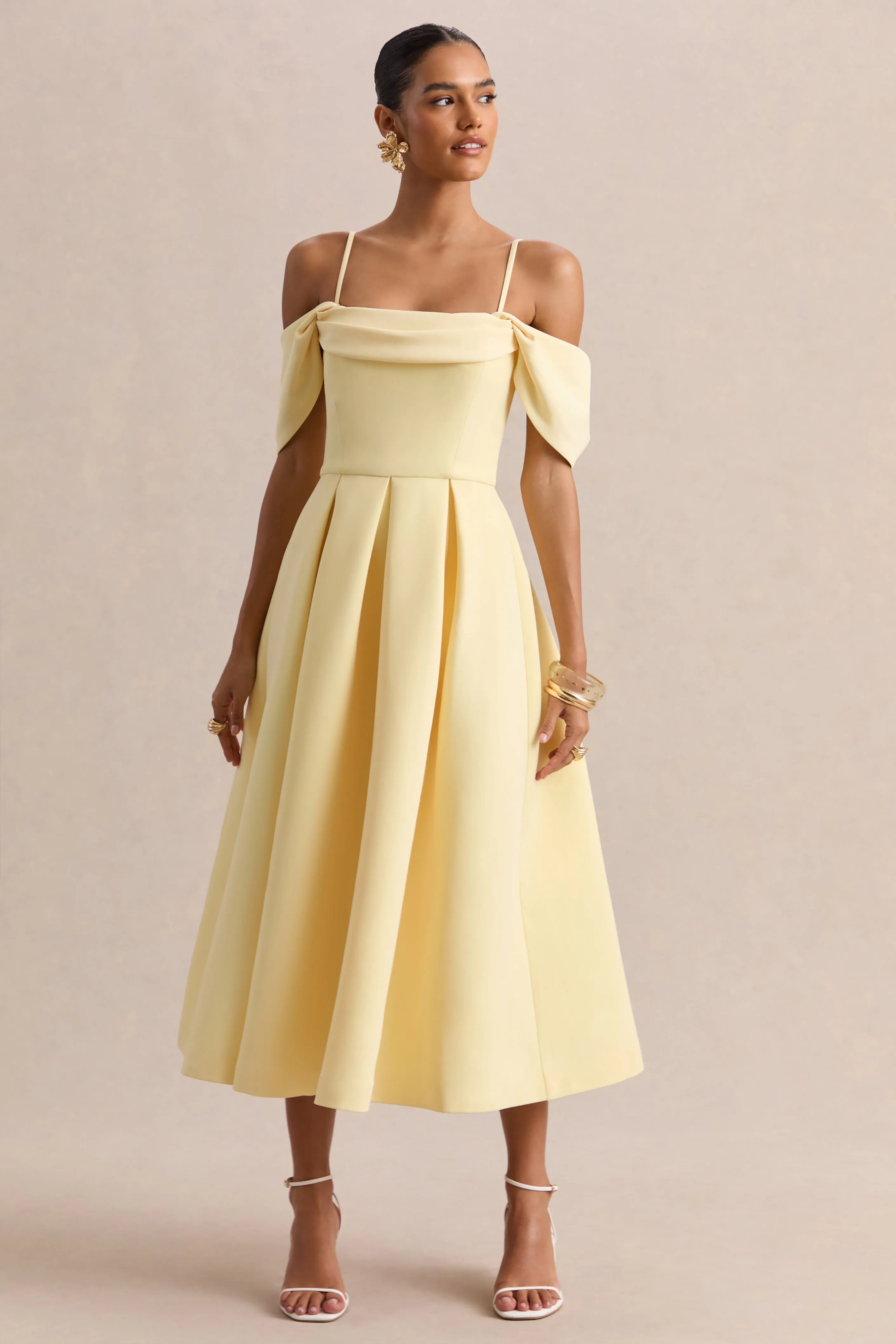 Cosima | Lemon Bardot-Neck Midi Dress sold by Club L London product image thumbnail 5