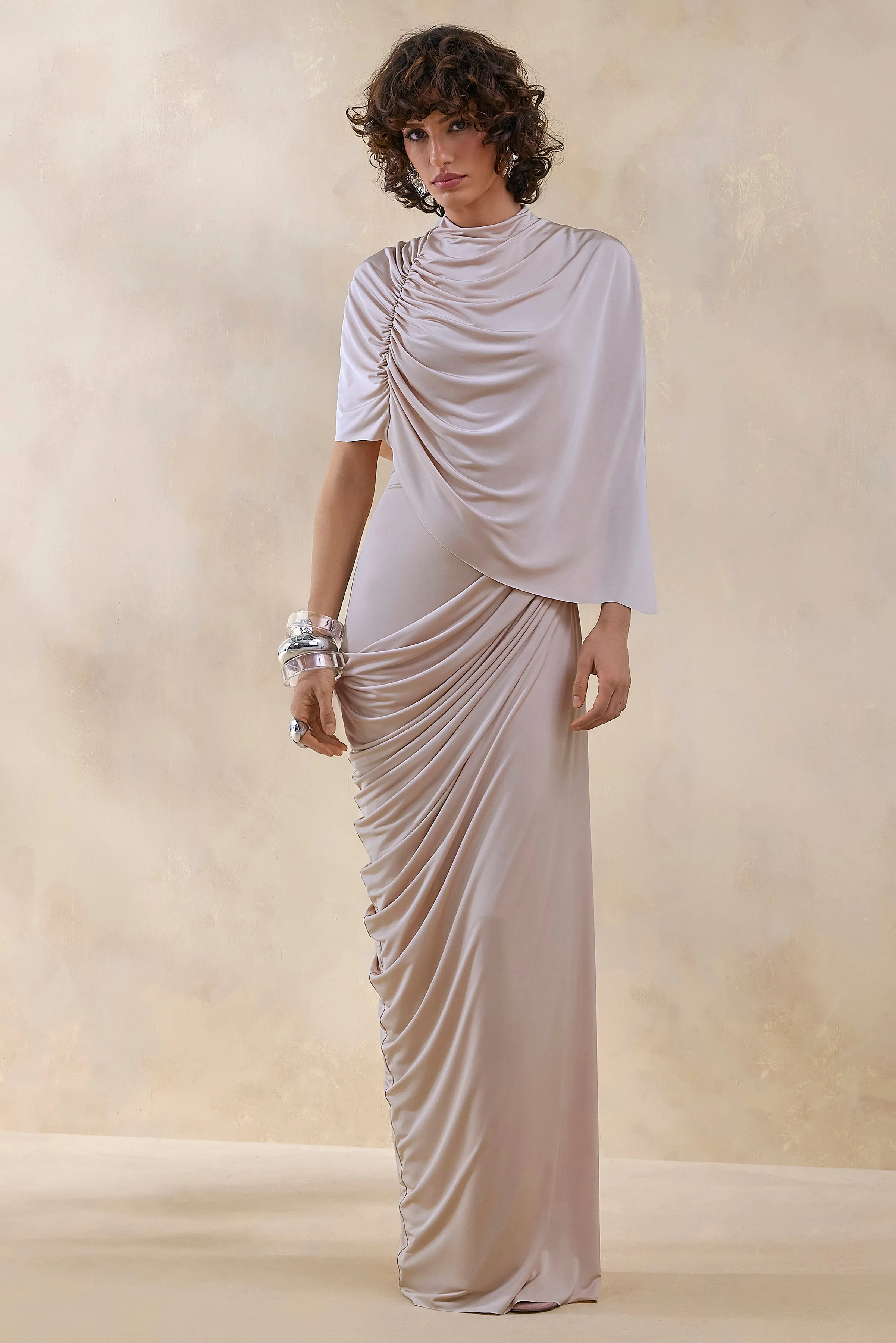 Lunaline | Champagne High-Neck Maxi Dress With Asymmetric Cape And Draped-Detailing sold by Club L London product image thumbnail 4