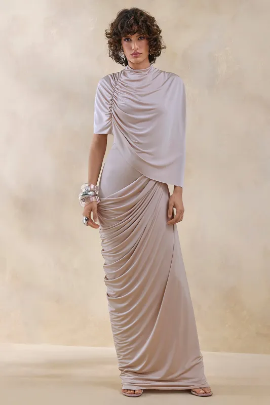 Lunaline | Champagne High-Neck Maxi Dress With Asymmetric Cape And Draped-Detailing made by Club L London