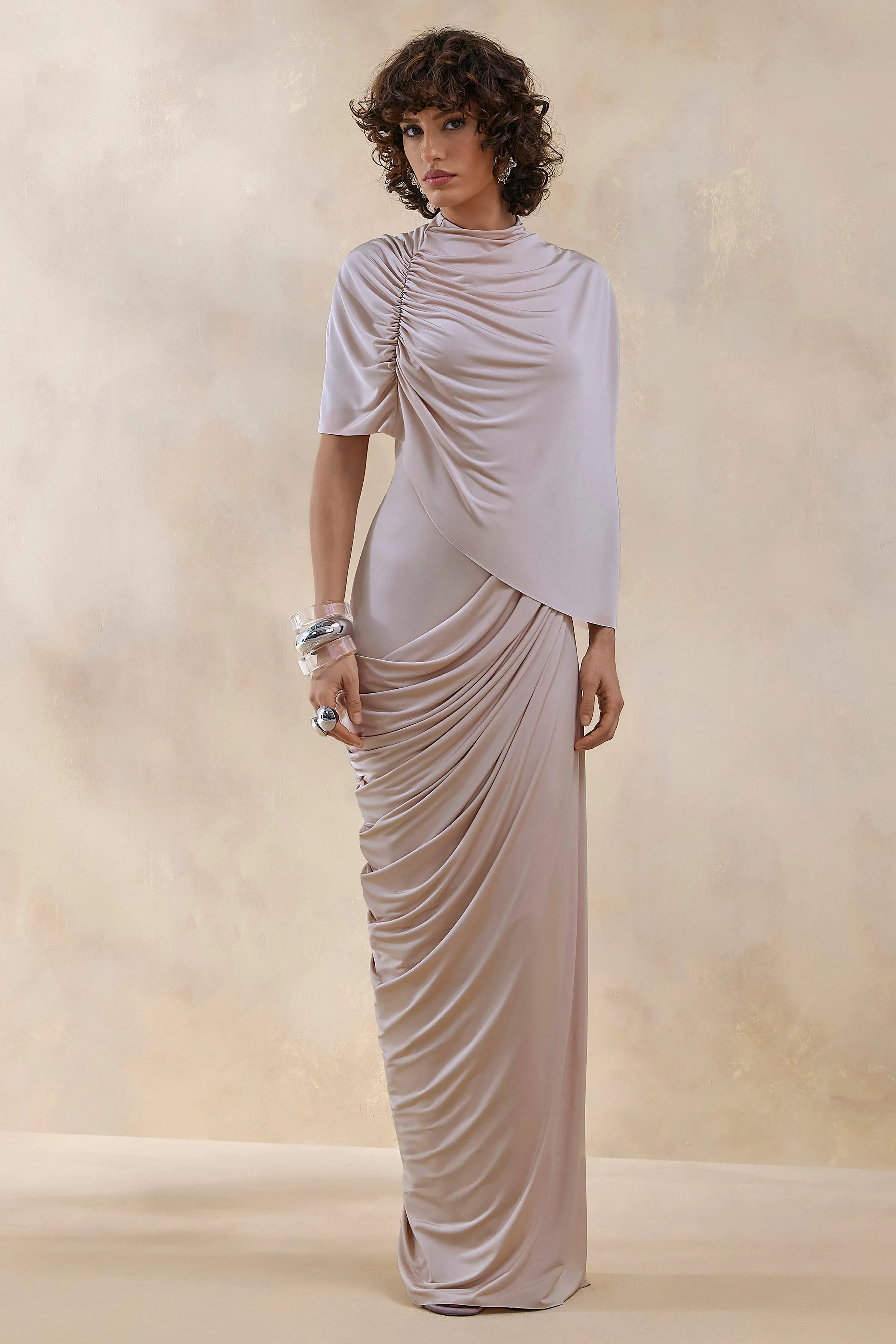 Lunaline | Champagne High-Neck Maxi Dress With Asymmetric Cape And Draped-Detailing sold by Club L London product image thumbnail 5