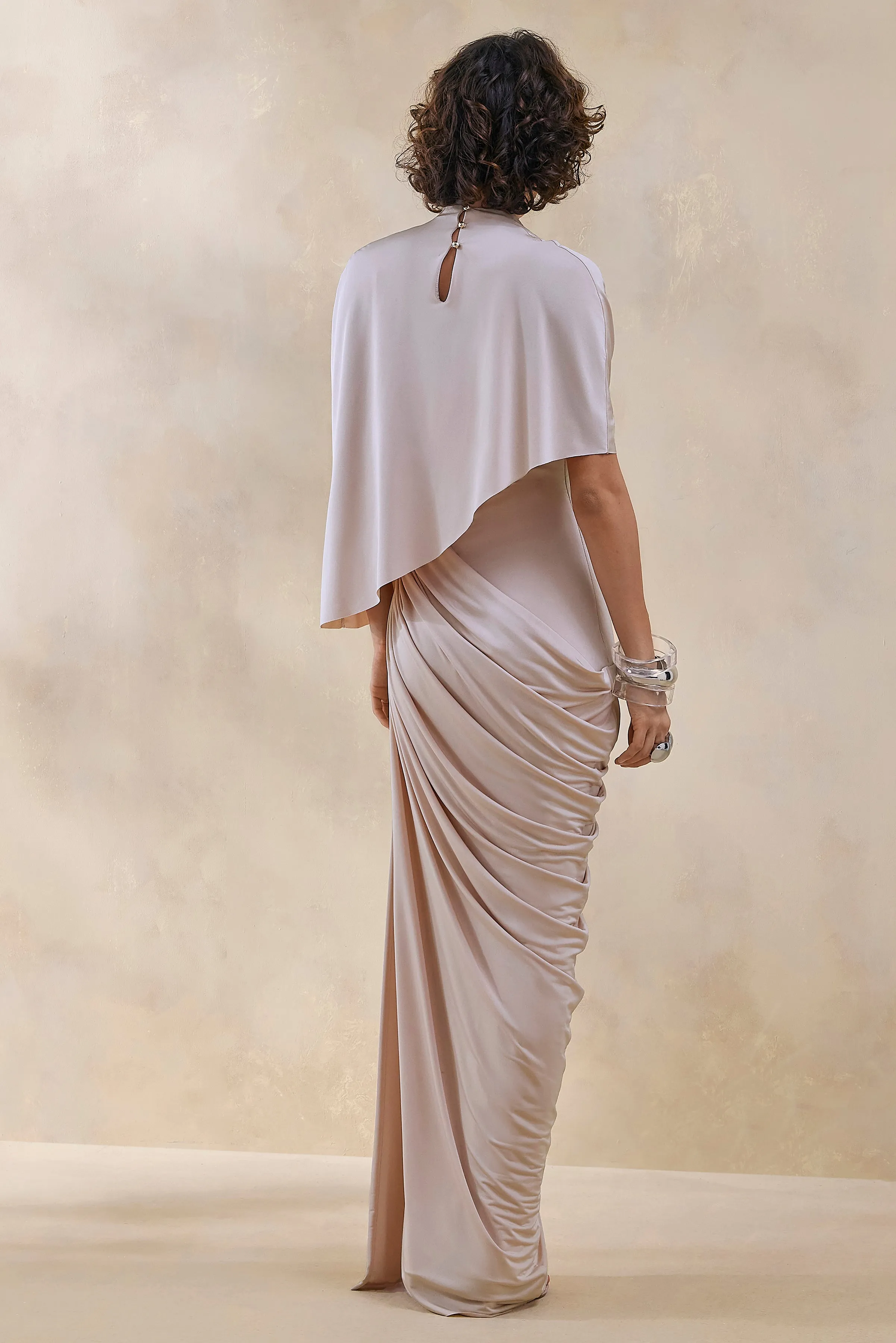 Lunaline | Champagne High-Neck Maxi Dress With Asymmetric Cape And Draped-Detailing sold by Club L London product image thumbnail 2