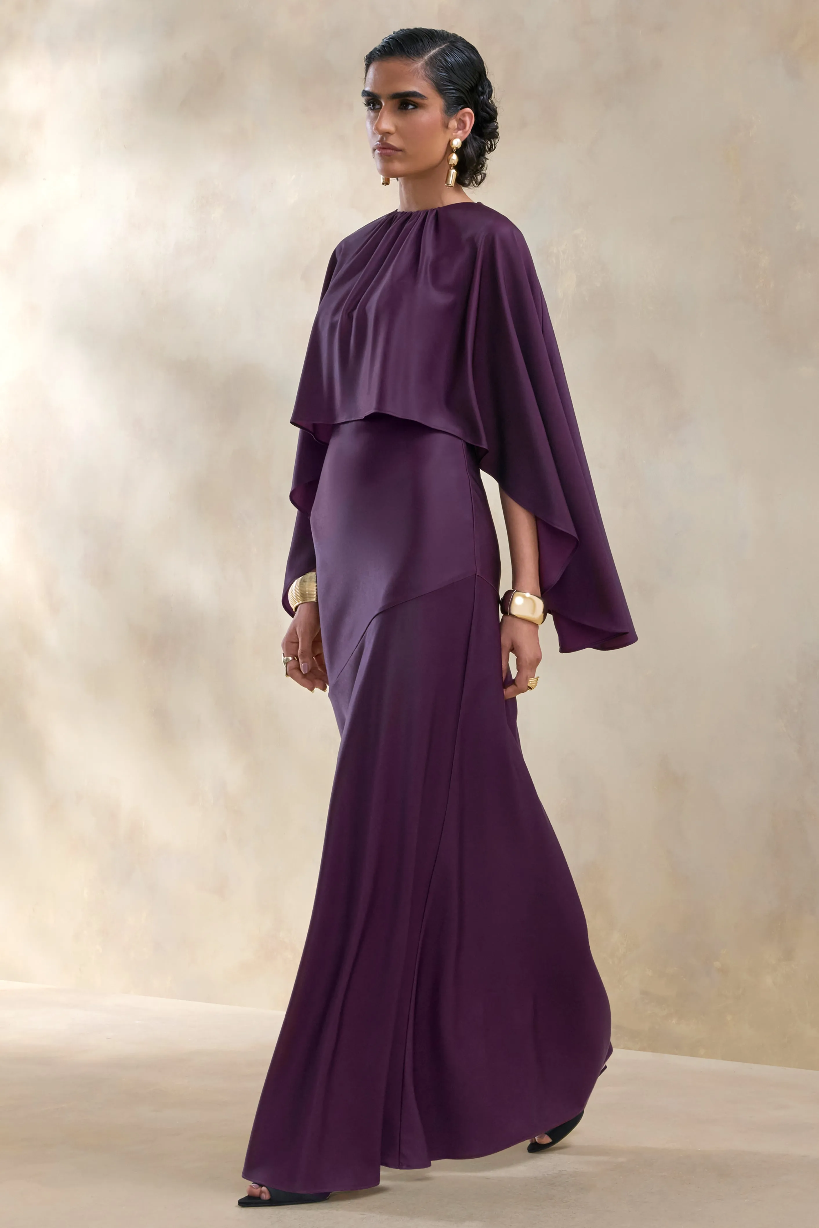Vanthea | Dark Plum Satin Round-Neck Maxi Dress With Cape-Sleeves sold by Club L London product image thumbnail 4