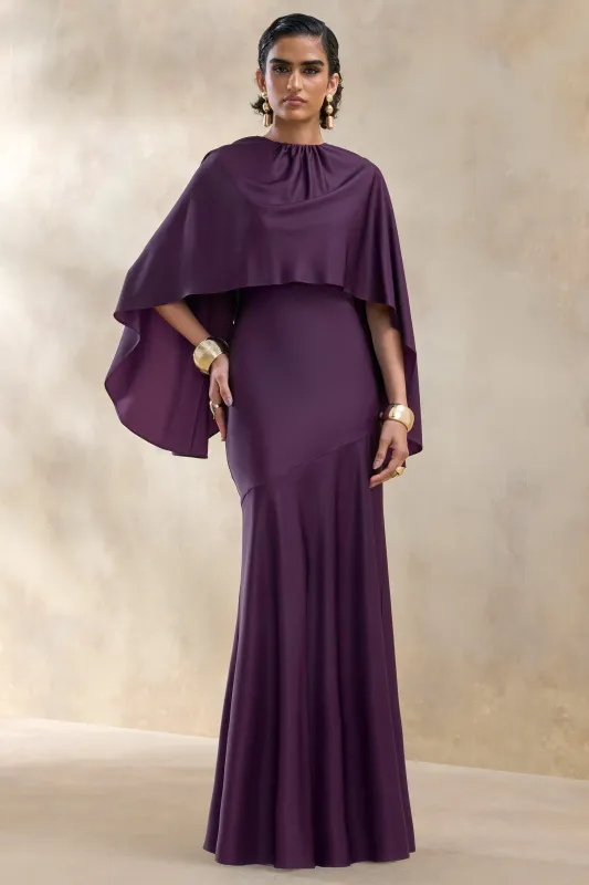 Vanthea | Dark Plum Satin Round-Neck Maxi Dress With Cape-Sleeves made by Club L London