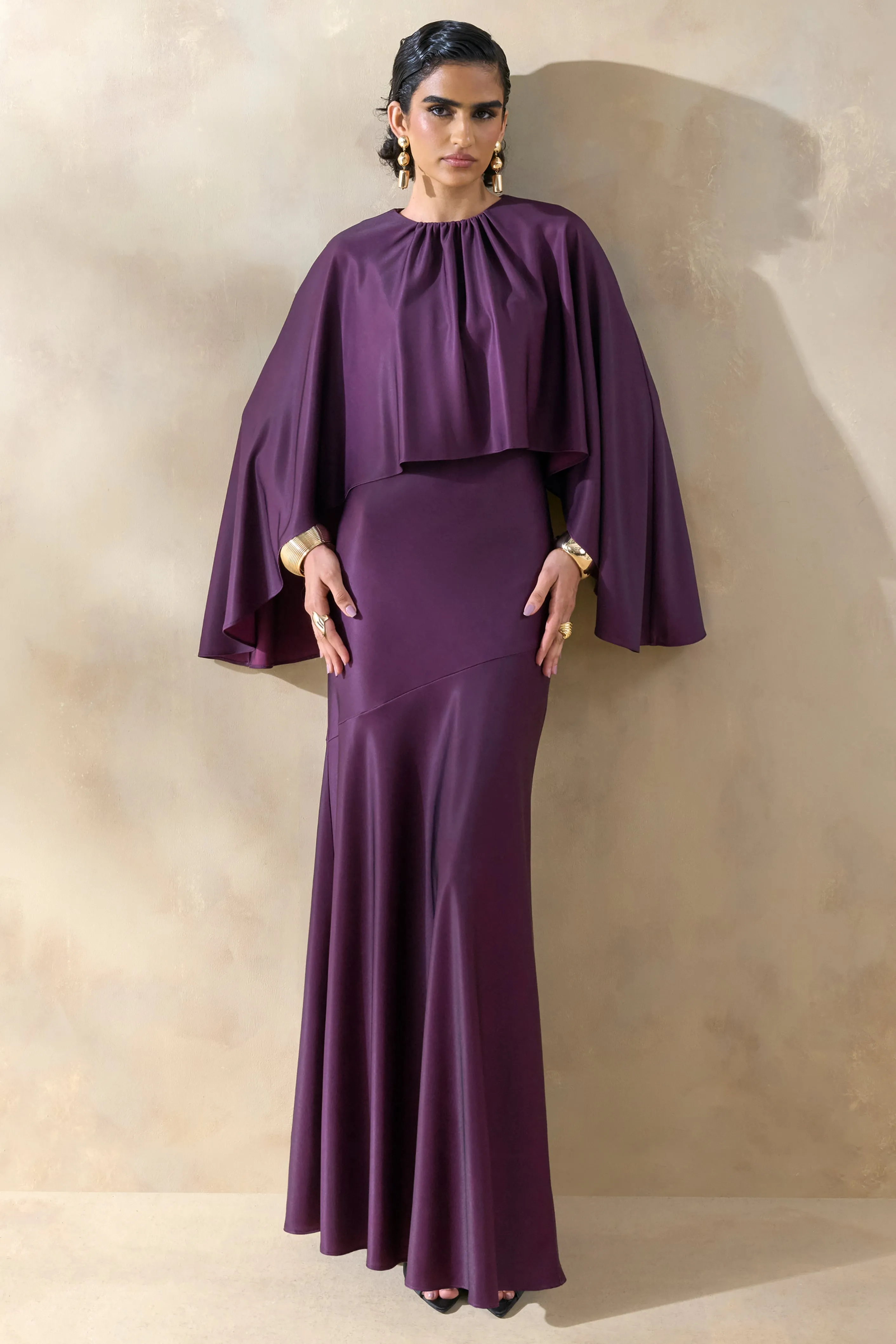 Vanthea | Dark Plum Satin Round-Neck Maxi Dress With Cape-Sleeves sold by Club L London product image thumbnail 5