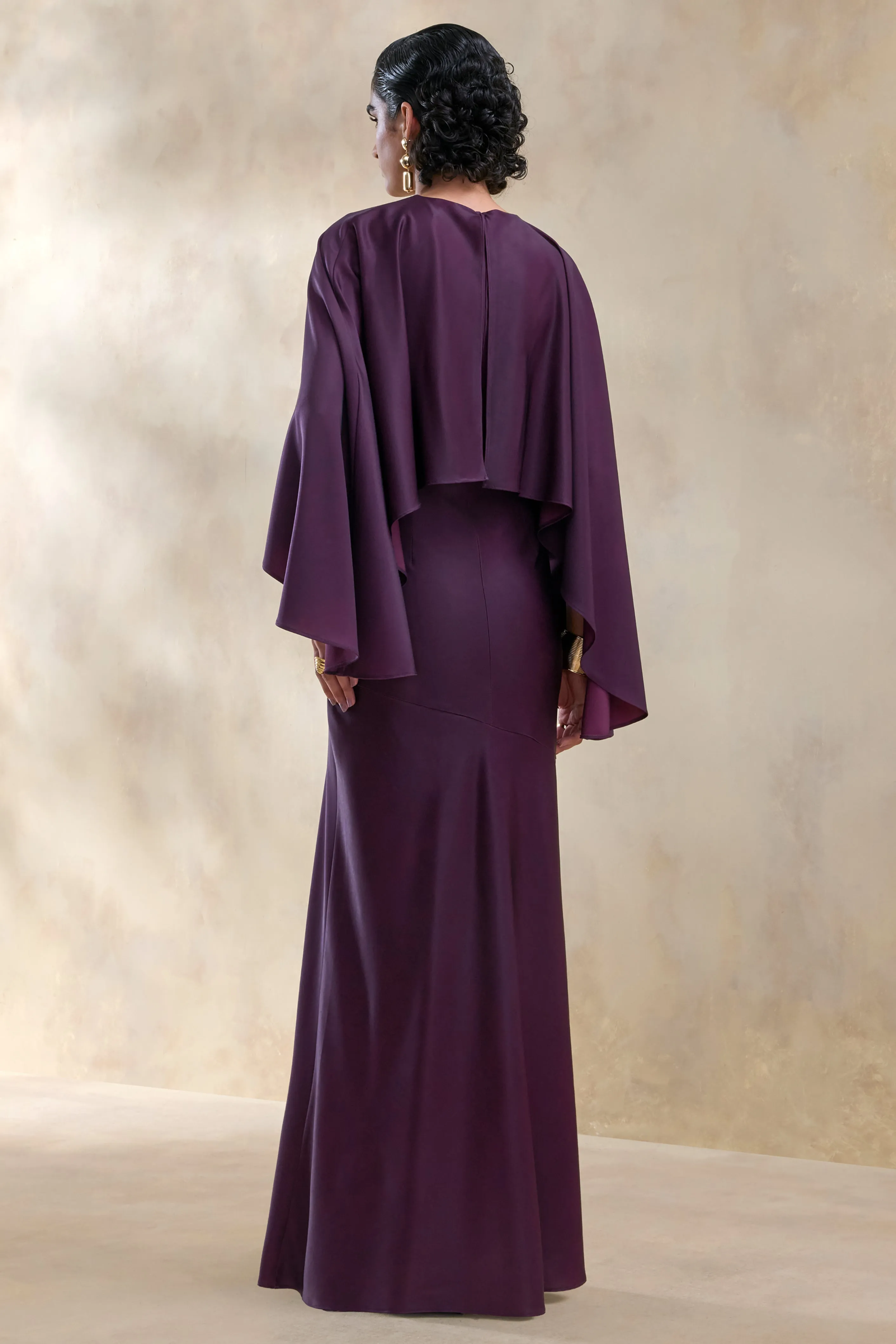 Vanthea | Dark Plum Satin Round-Neck Maxi Dress With Cape-Sleeves sold by Club L London product image thumbnail 2
