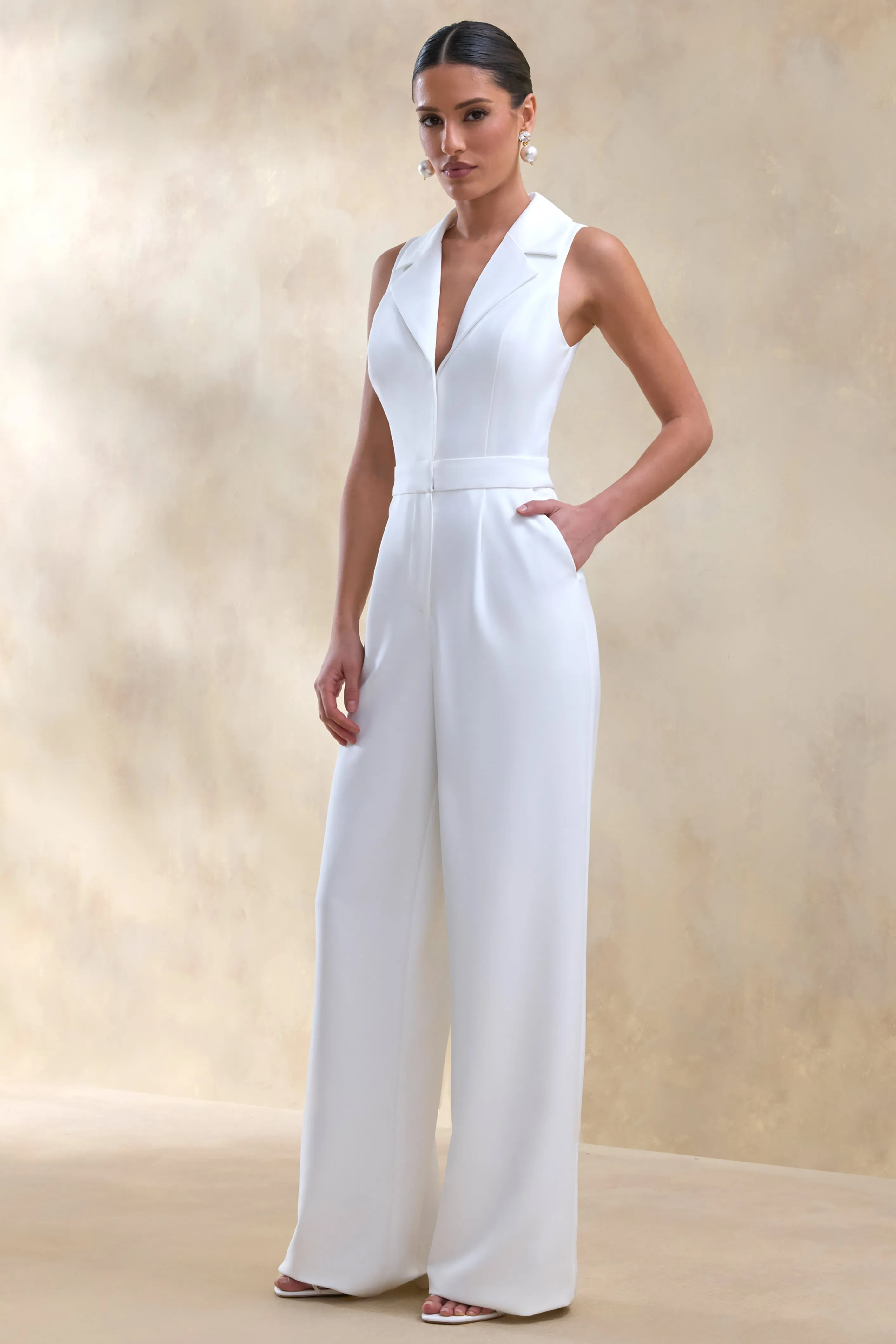 Brillora | White Plunge-Neck Tailored Jumpsuit sold by Club L London product image thumbnail 4