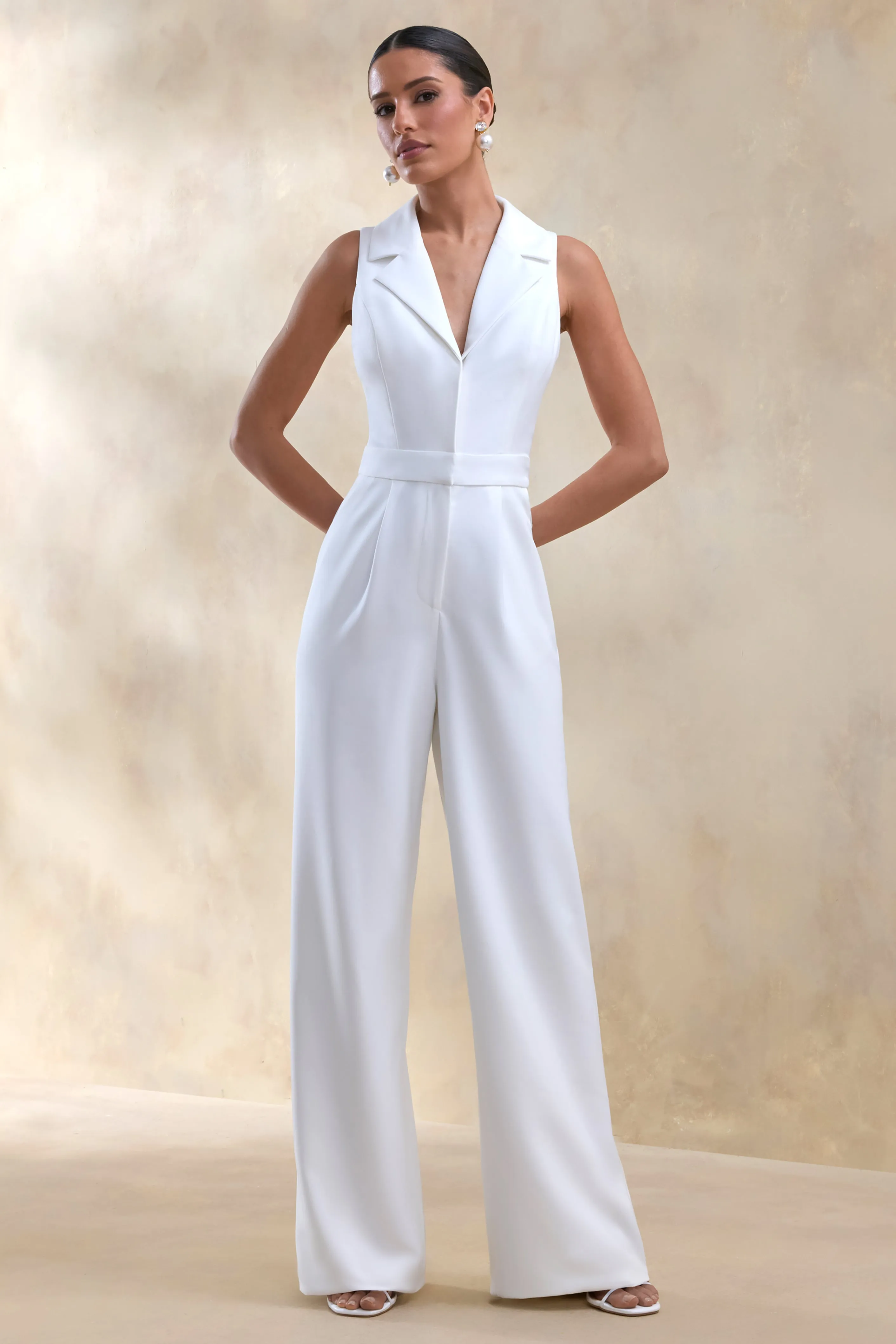 Brillora | White Plunge-Neck Tailored Jumpsuit sold by Club L London