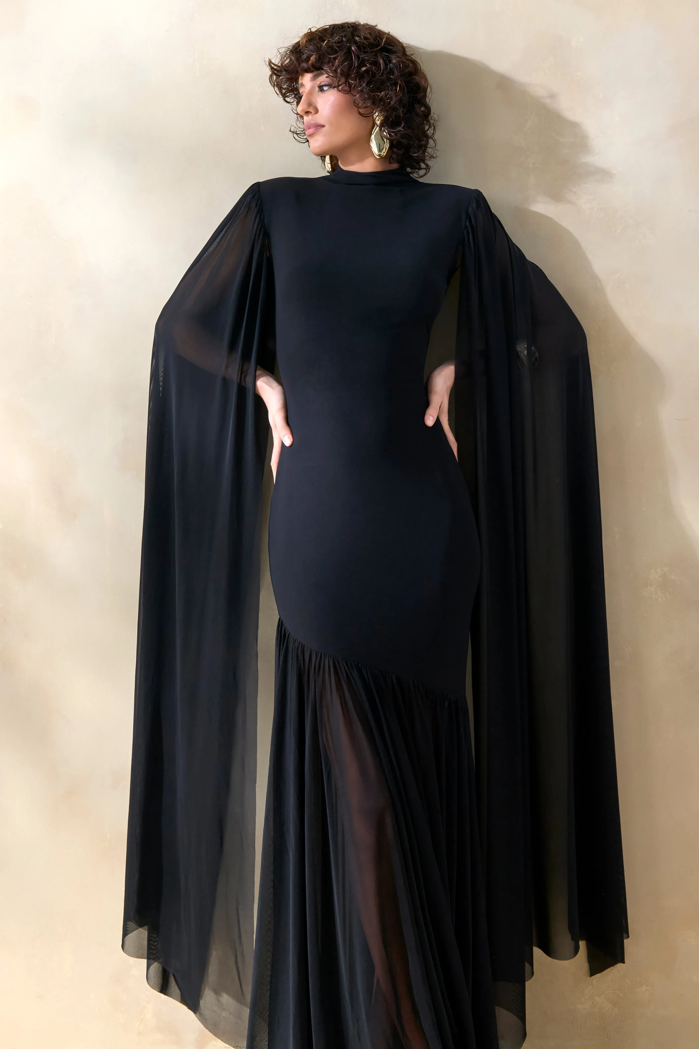 Chantelle | Black High-Neck Maxi Dress With Drop-Waist And Cape-Sleeves sold by Club L London product image thumbnail 3