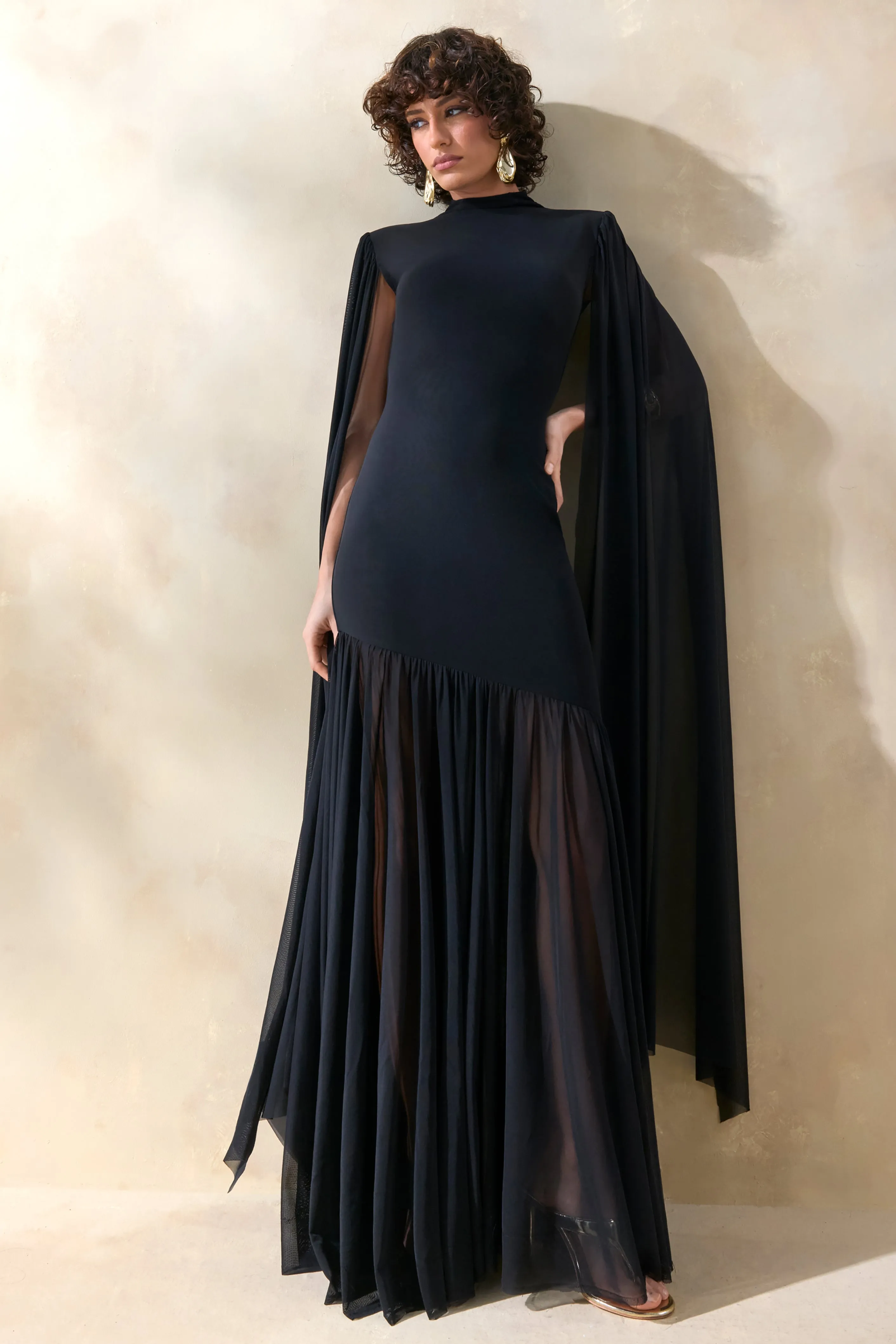 Chantelle | Black High-Neck Maxi Dress With Drop-Waist And Cape-Sleeves sold by Club L London product image thumbnail 4