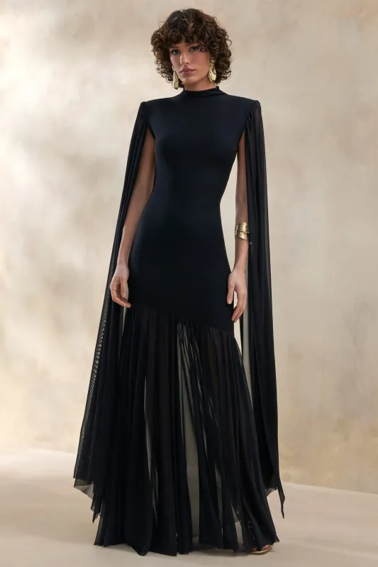 Chantelle | Black High-Neck Maxi Dress With Drop-Waist And Cape-Sleeves sold by Club L London
