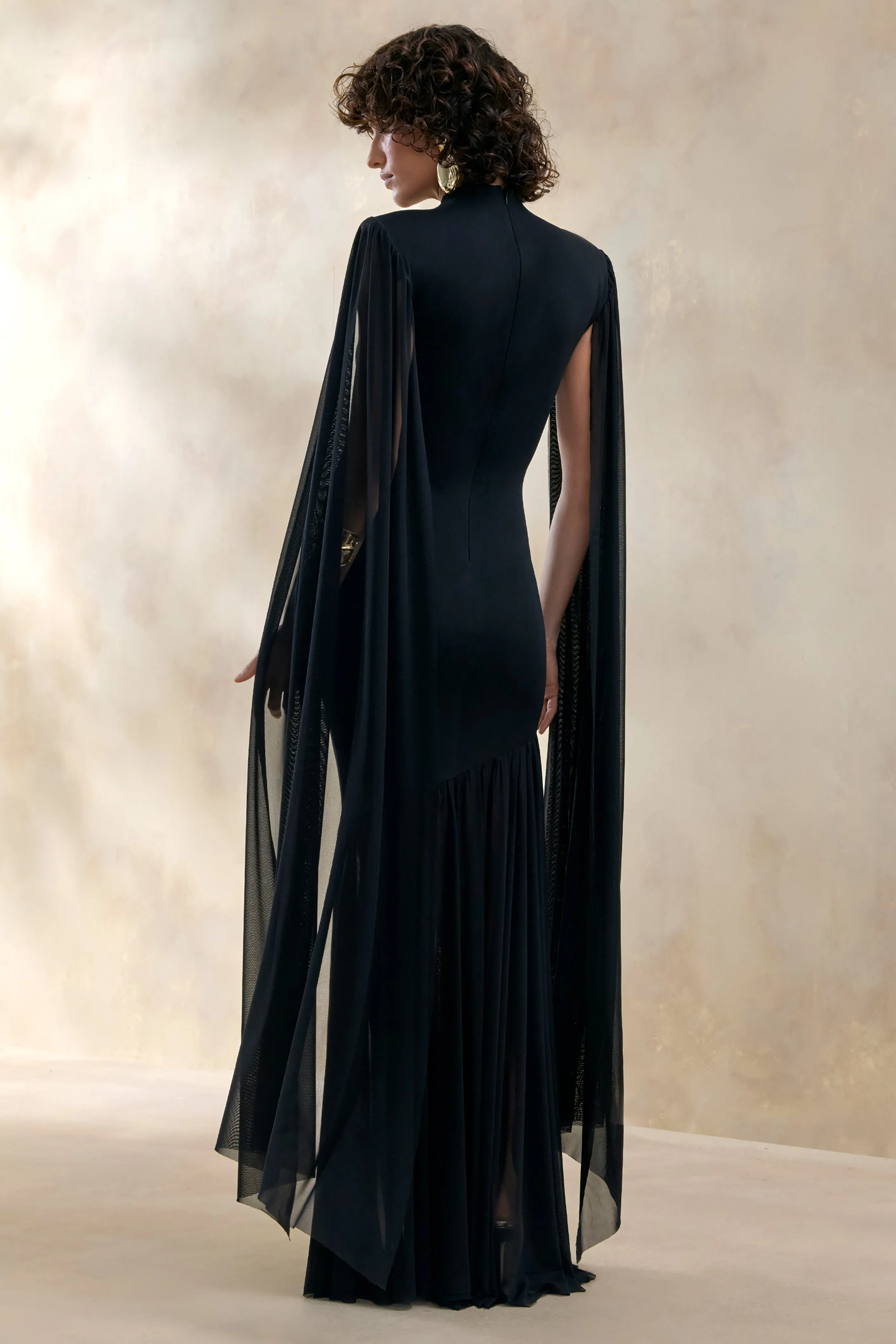 Chantelle | Black High-Neck Maxi Dress With Drop-Waist And Cape-Sleeves sold by Club L London product image thumbnail 2