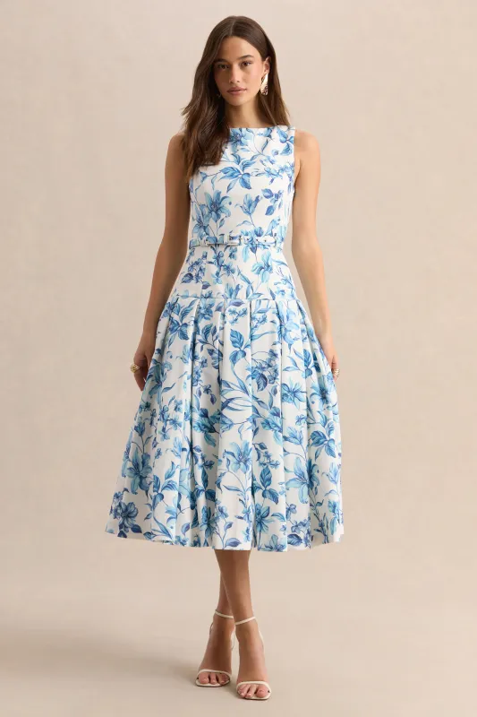 Sunnira | Blue Porcelain Print Boat-Neck Midi Dress With Drop-Waist made by Club L London