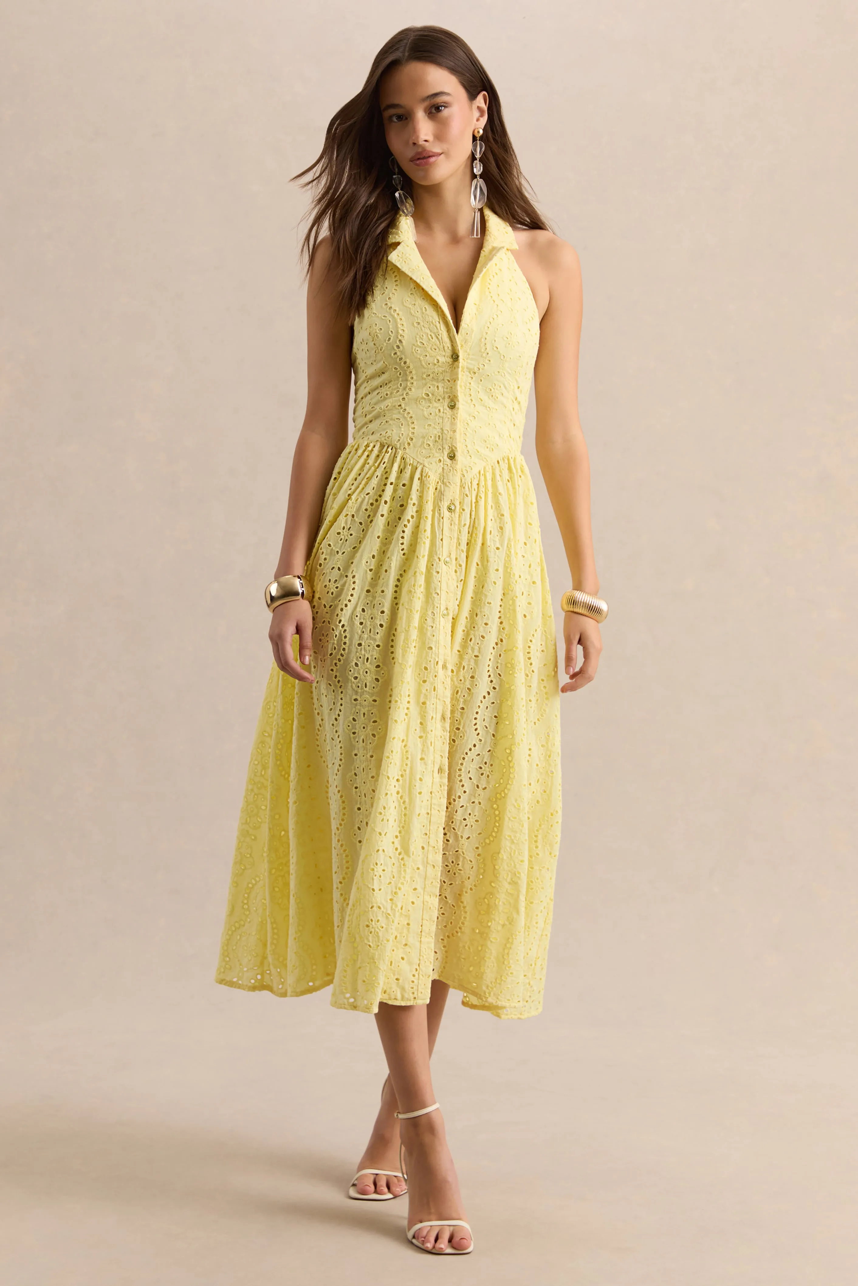 Jezebel | Yellow Lace Plunge-Neck Collared Midi Dress sold by Club L London