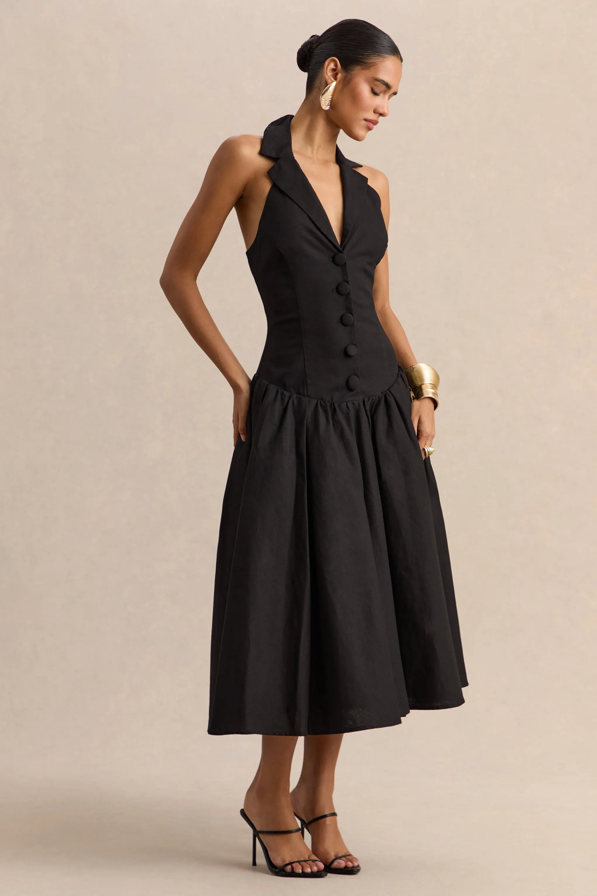 Ella | Black Plunge-Neck Midi Dress With Drop-Waist sold by Club L London product image thumbnail 4