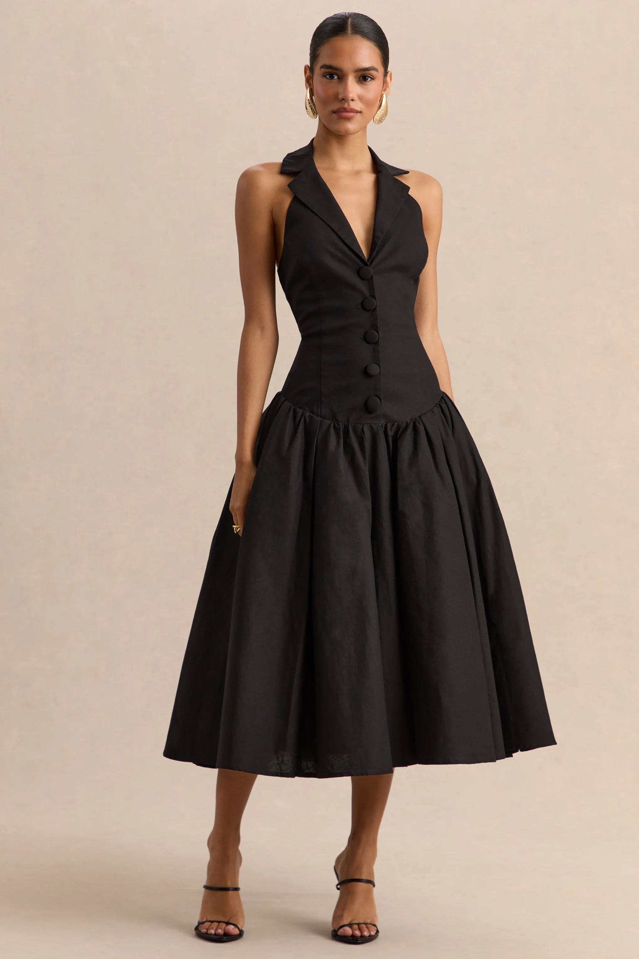 Ella | Black Plunge-Neck Midi Dress With Drop-Waist sold by Club L London