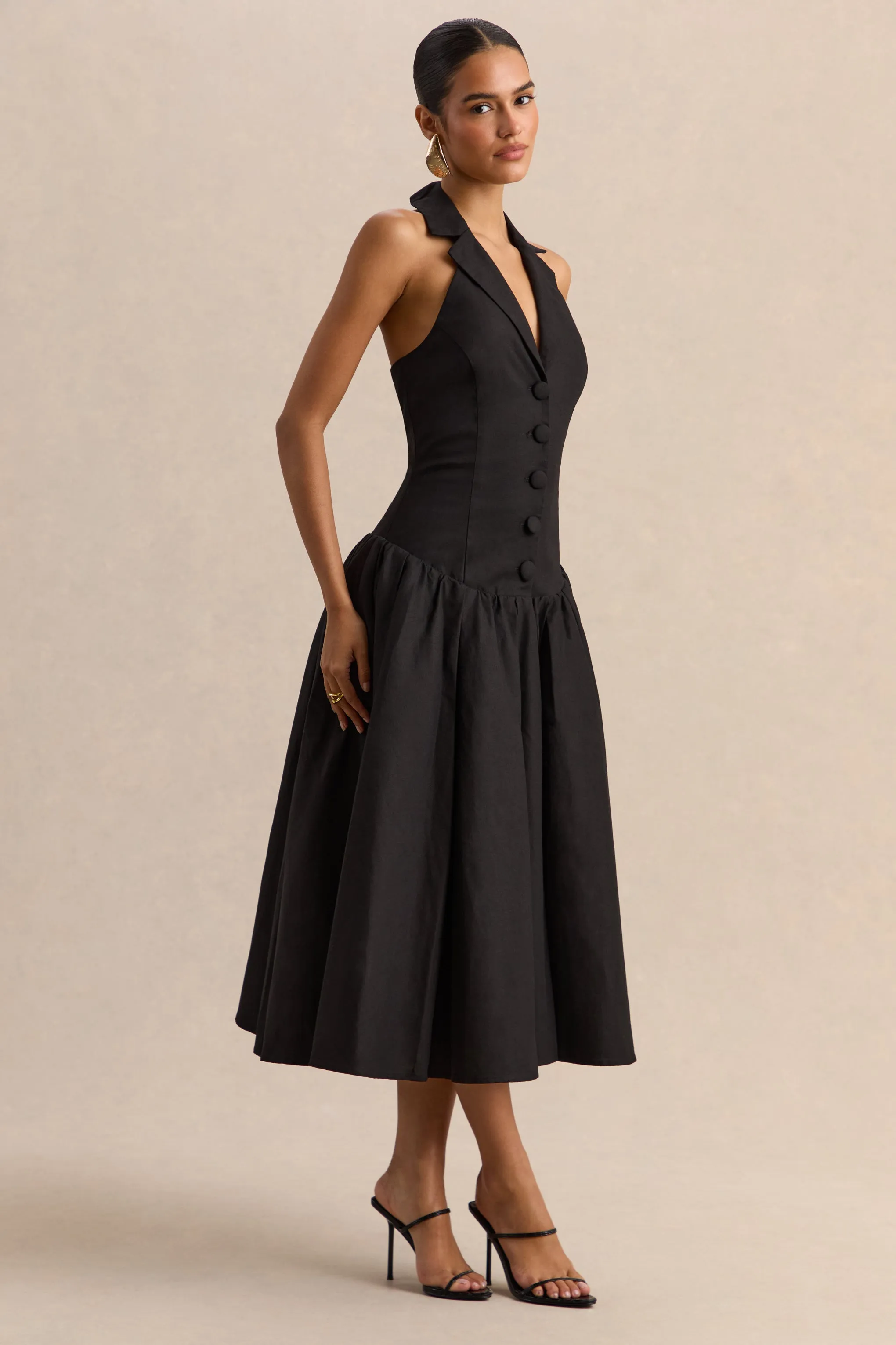Ella | Black Plunge-Neck Midi Dress With Drop-Waist sold by Club L London product image thumbnail 5