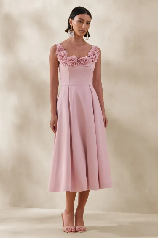 Maelle | Pink Scoop-Neck Midi Dress With Corsage Detailing made by Club L London