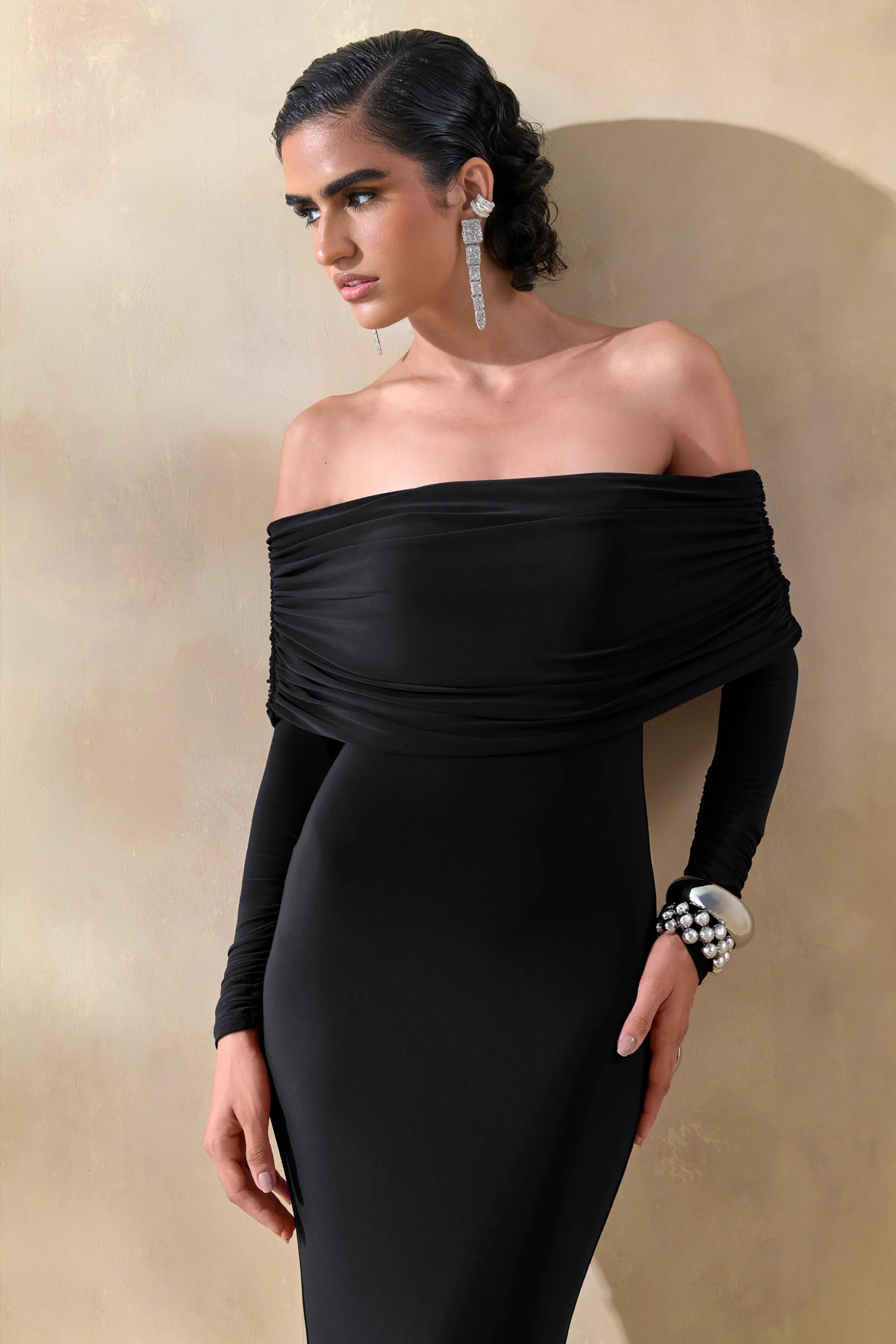 Brisea | Black Bardot-Neck Maxi Dress sold by Club L London product image thumbnail 3