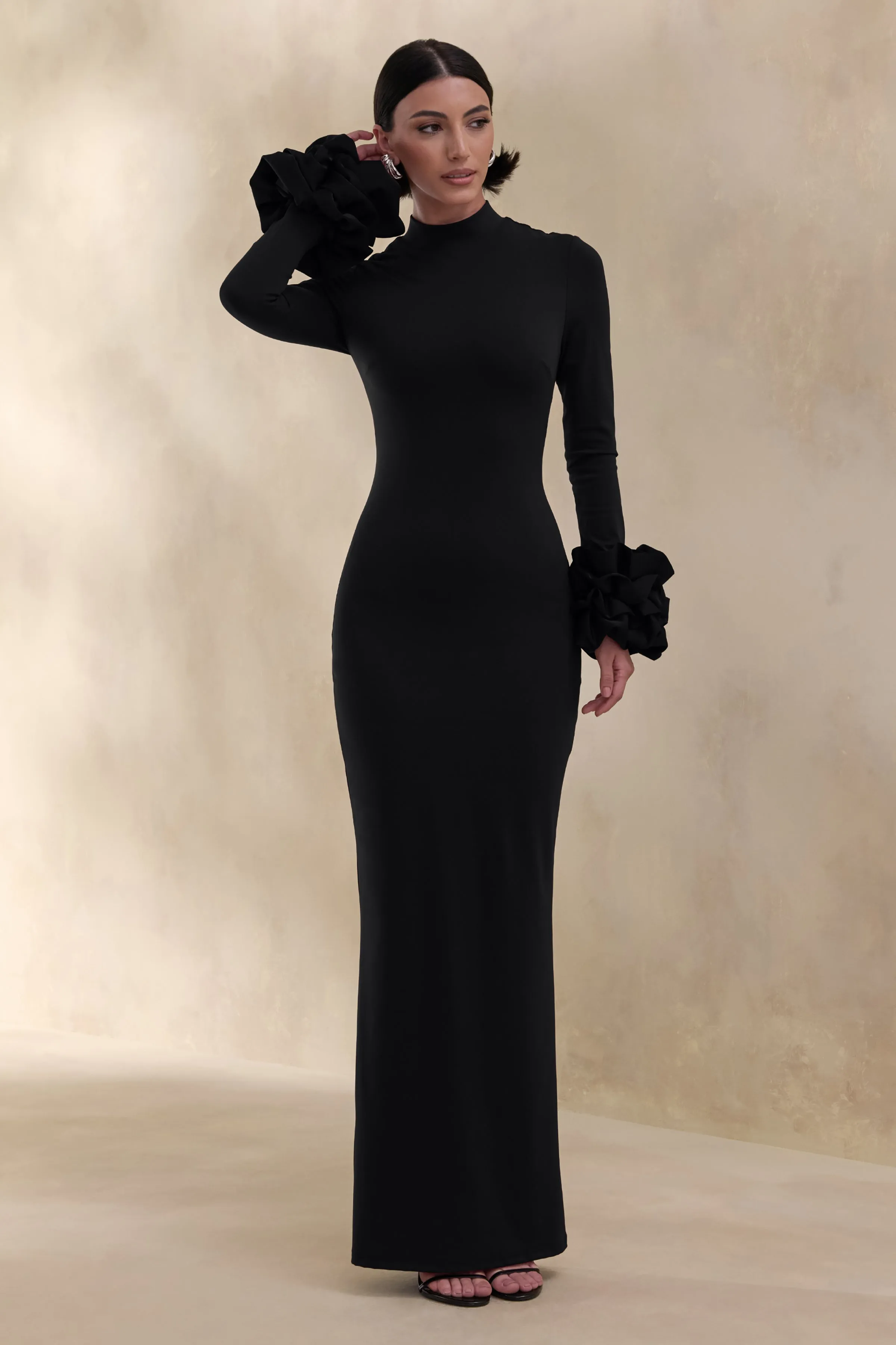 Jaselle | Black High-Neck Maxi Dress With Ruffled Satin-Cuffs sold by Club L London product image thumbnail 4