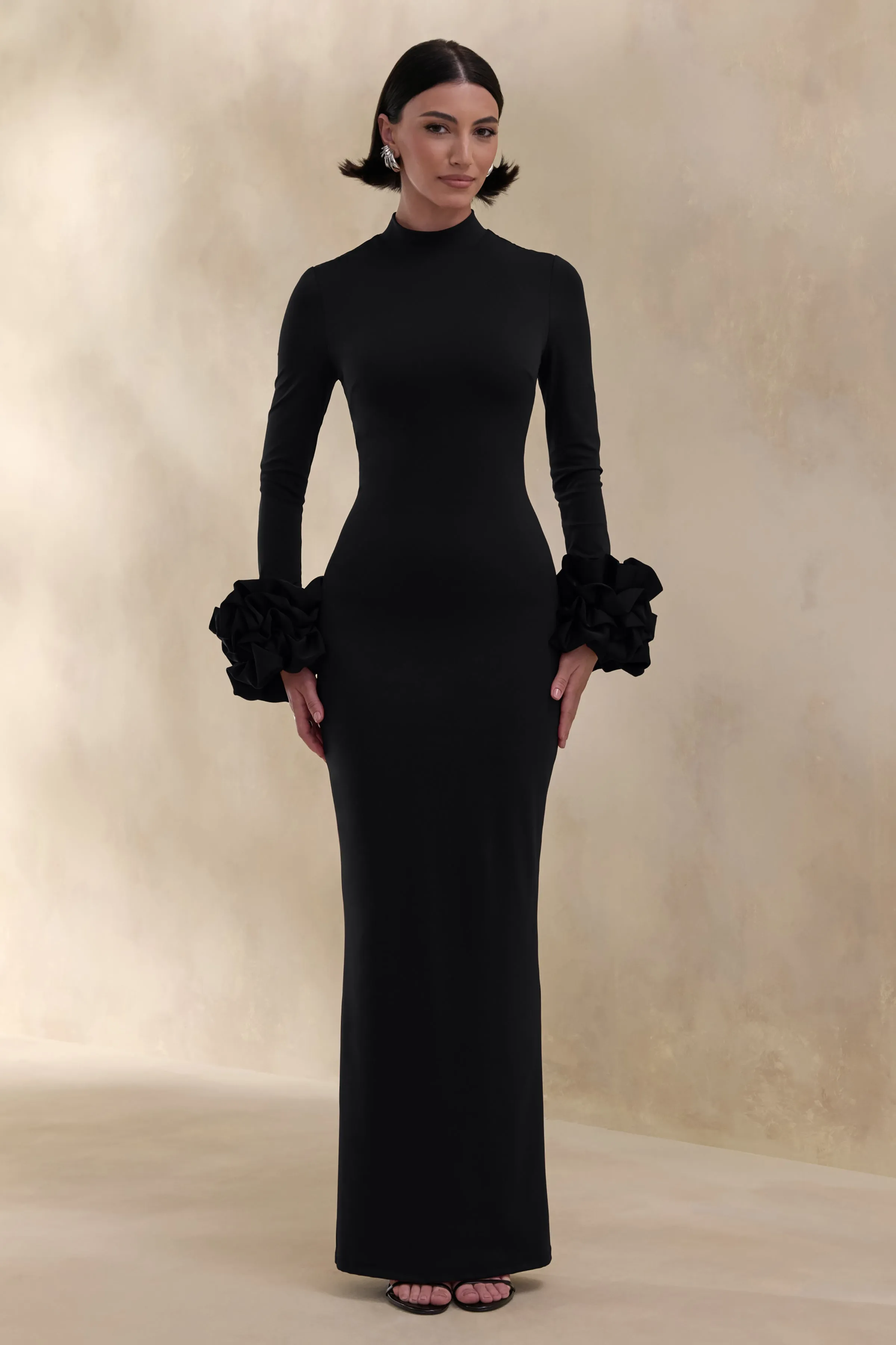 Jaselle | Black High-Neck Maxi Dress With Ruffled Satin-Cuffs sold by Club L London