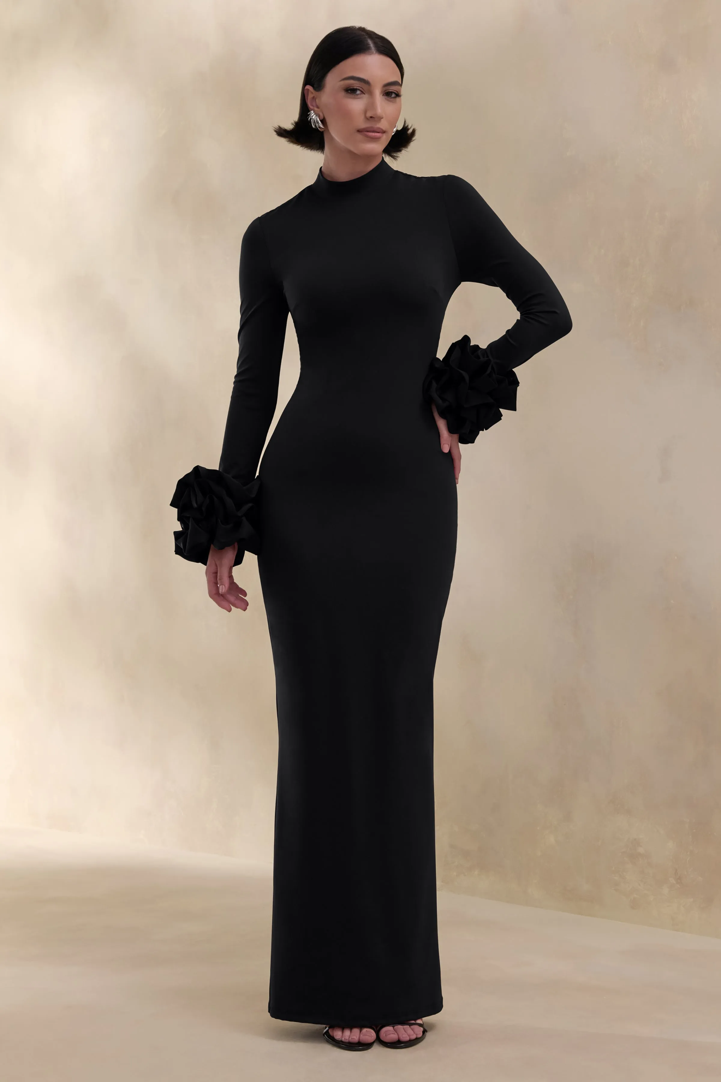 Jaselle | Black High-Neck Maxi Dress With Ruffled Satin-Cuffs sold by Club L London product image thumbnail 5