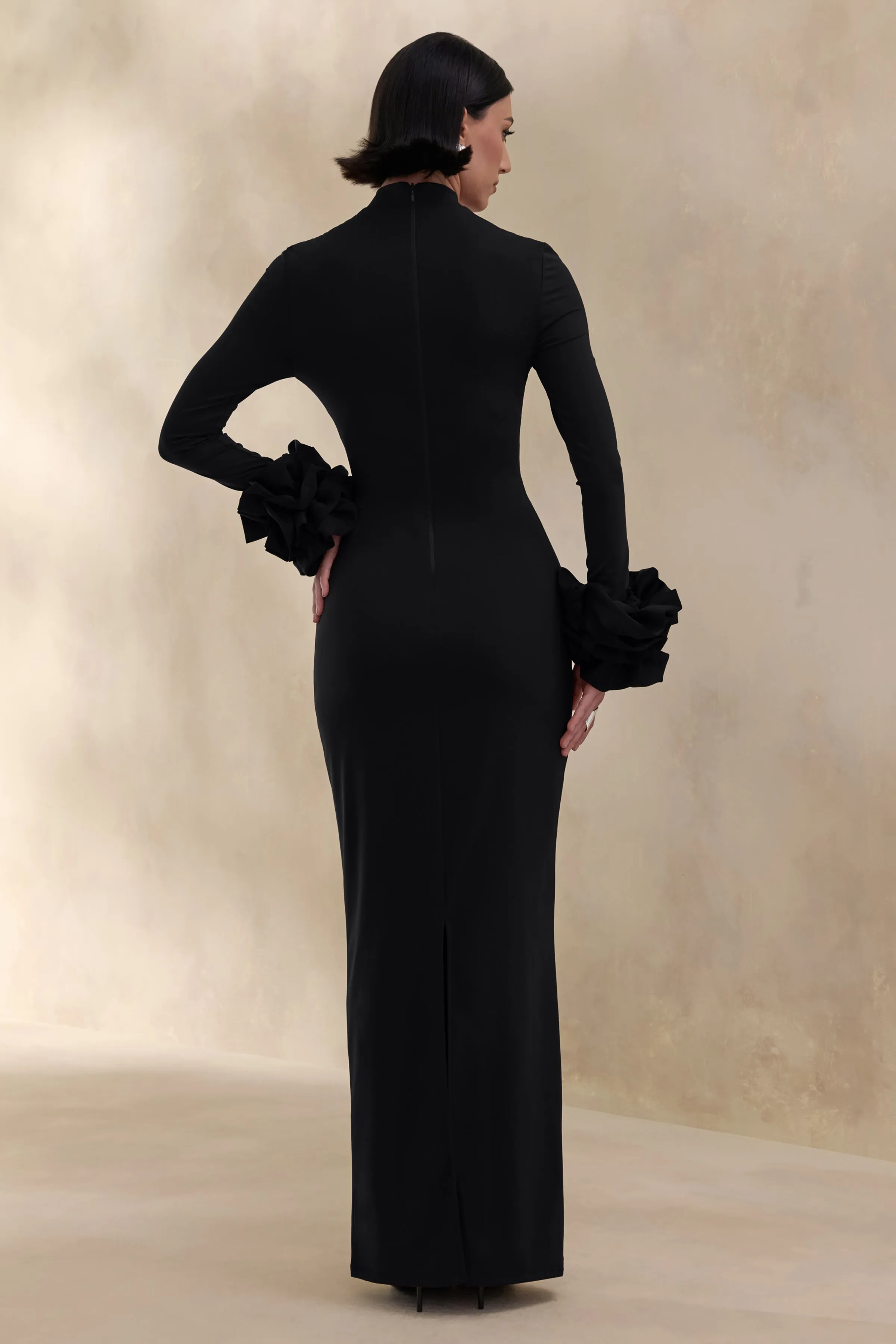 Jaselle | Black High-Neck Maxi Dress With Ruffled Satin-Cuffs sold by Club L London product image thumbnail 2