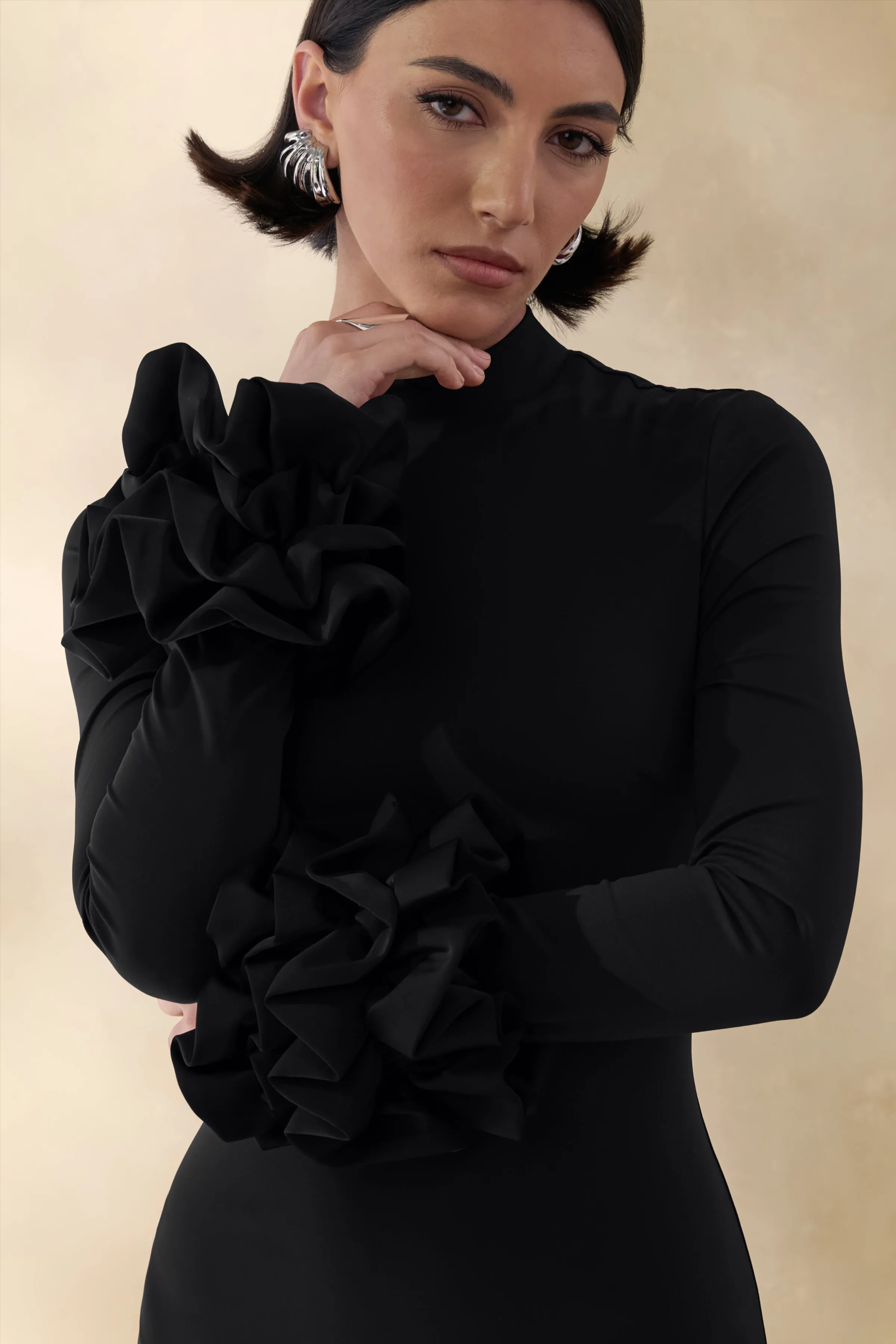 Jaselle | Black High-Neck Maxi Dress With Ruffled Satin-Cuffs sold by Club L London product image thumbnail 3