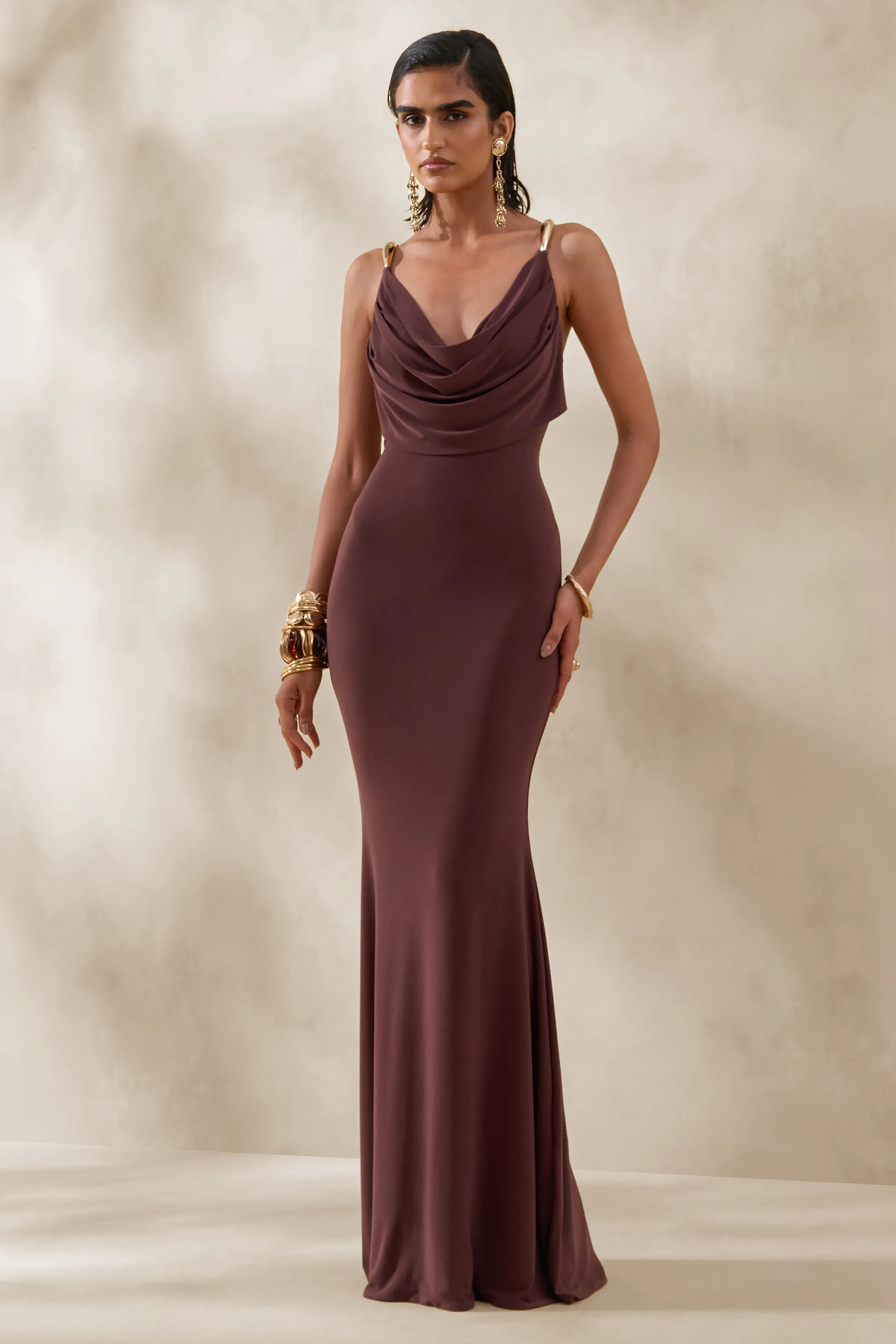 Iridessa | Brown Plunge-Neck Maxi Dress sold by Club L London