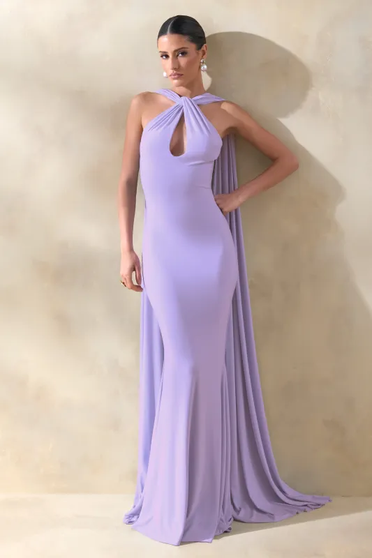 Rhoda | Lilac Twist Halter-Neck Cape Maxi Dress made by Club L London