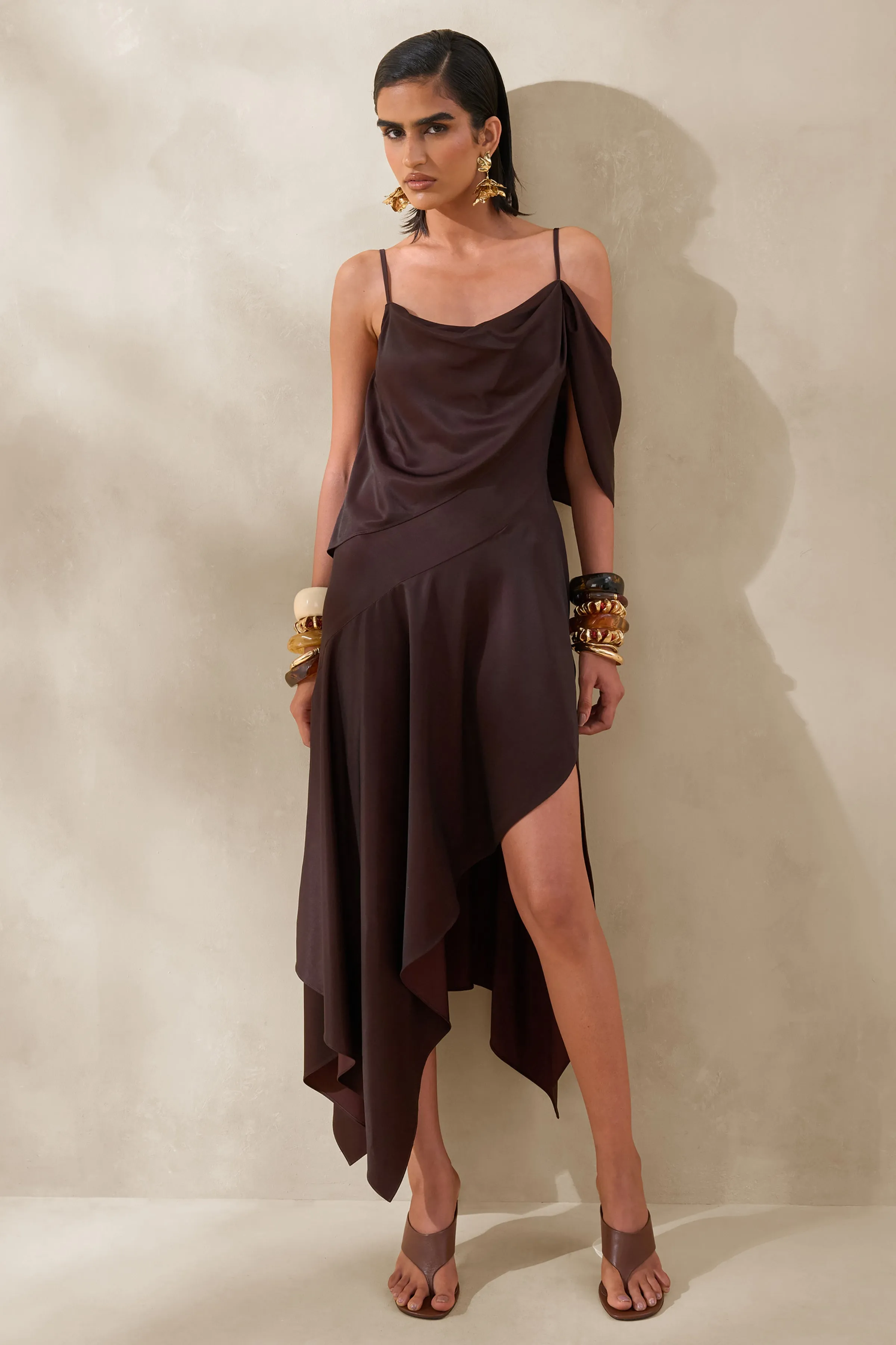 Helira | Brown Asymmetric Midi Dress With Draping Detailing and Open-Back sold by Club L London product image thumbnail 4