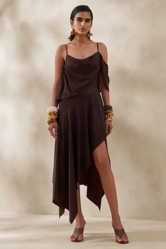 Helira | Brown Asymmetric Midi Dress With Draping Detailing and Open-Back made by Club L London